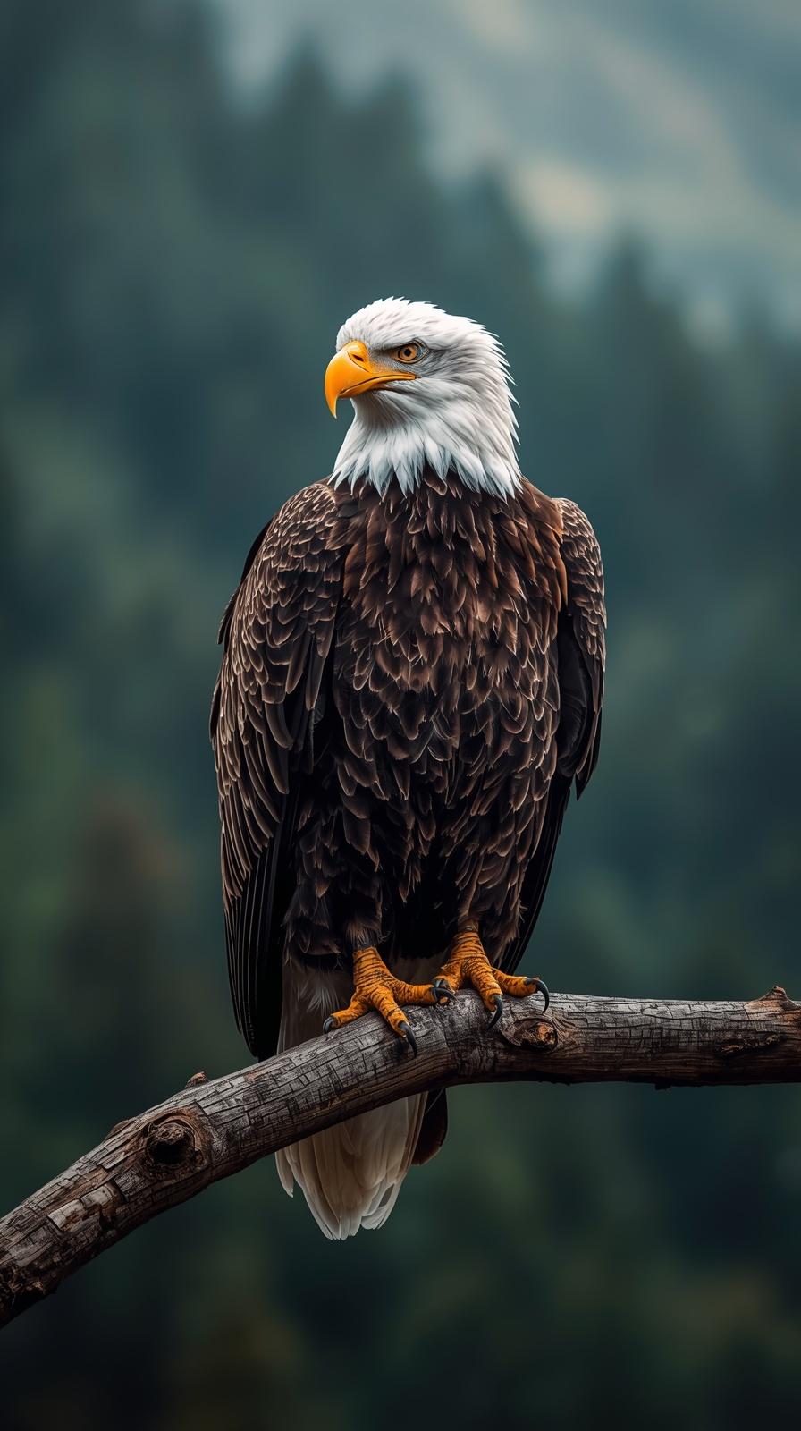Majestic bald eagle perched on a branch, looking alert in a forest.