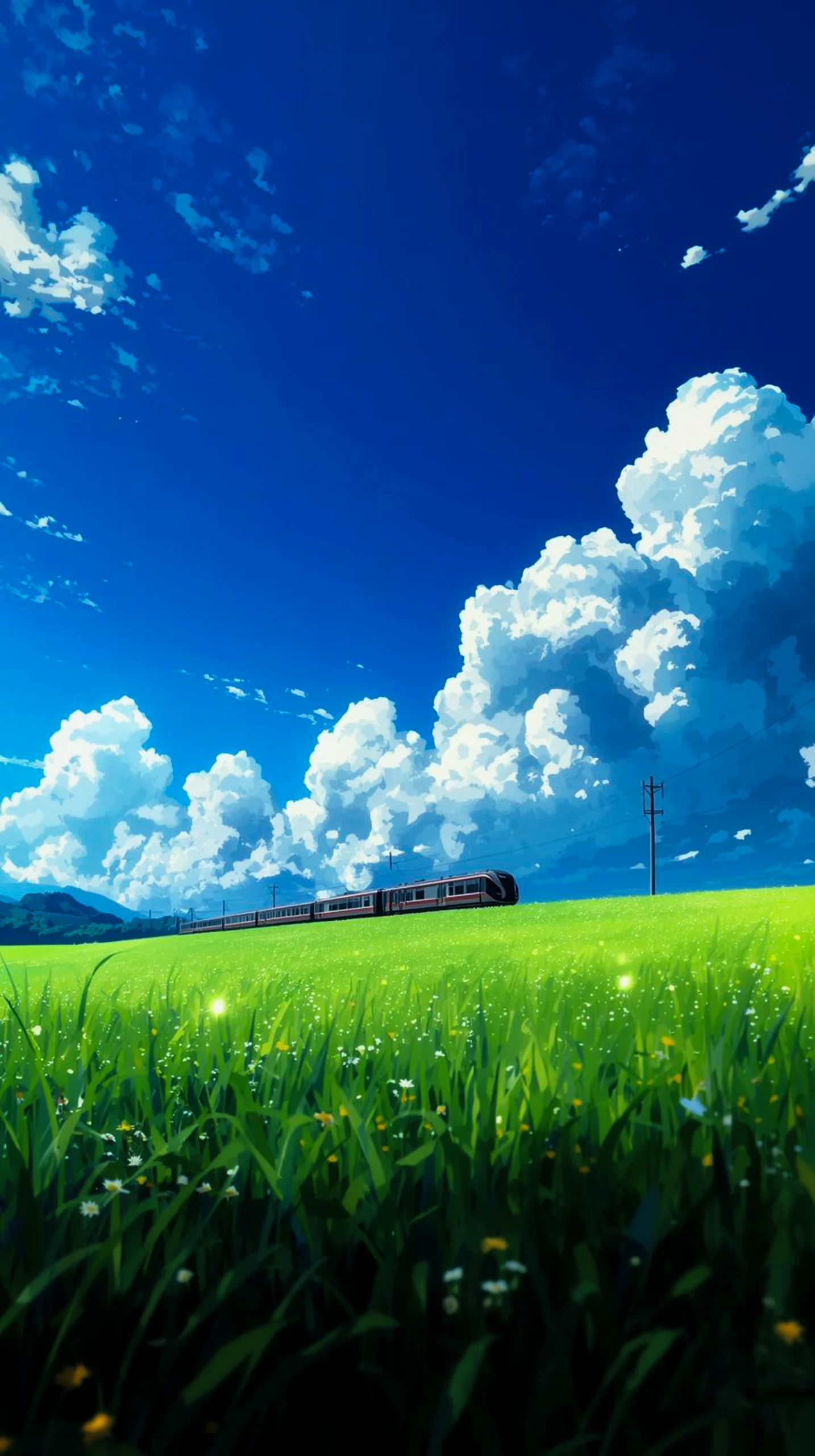Aesthetic anime wallpaper iphone featuring a train in a green field, high quality phone wallpaper and phone background.