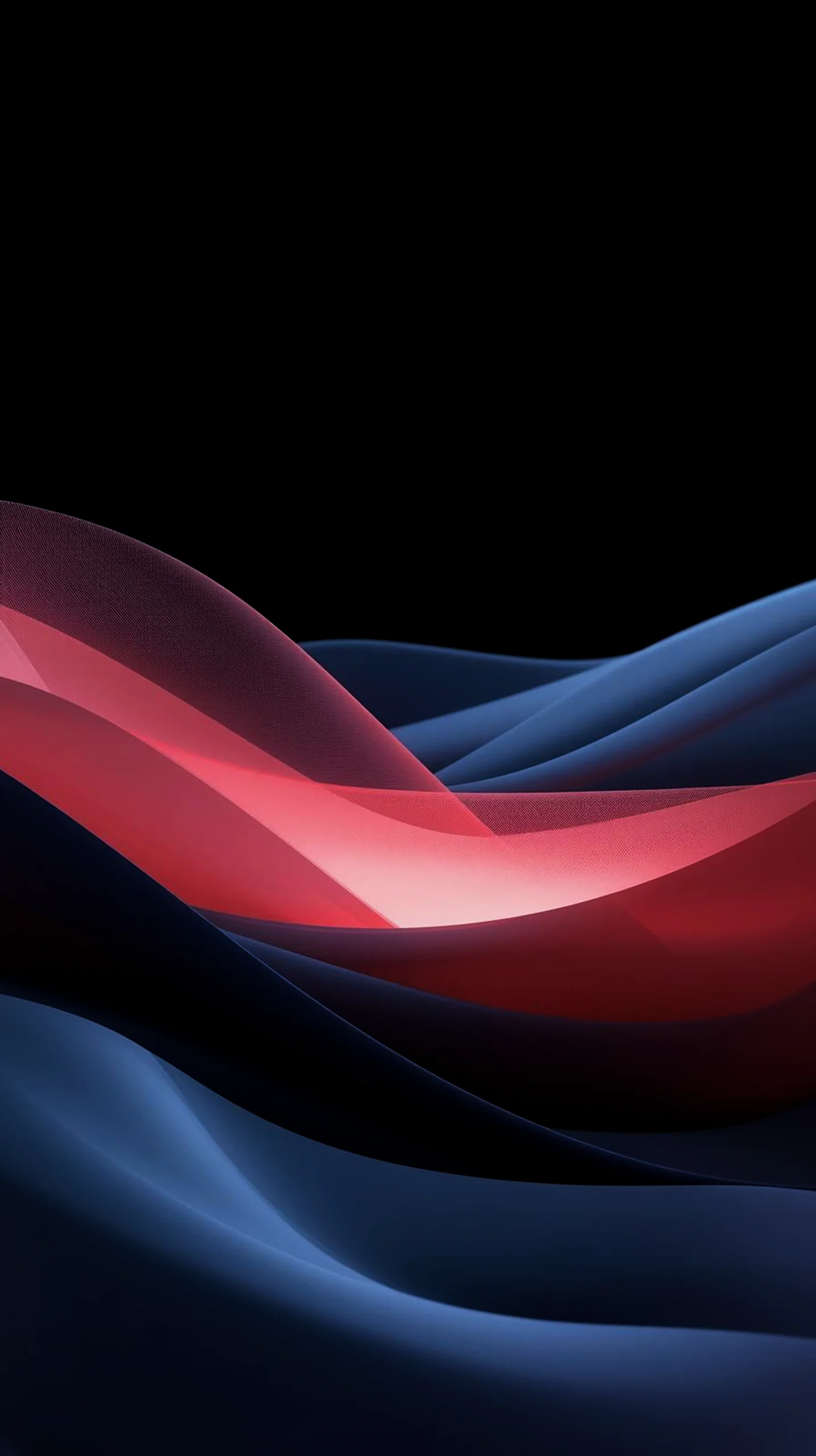A dark wallpaper featuring abstract red and blue flowing waves against a pure black background, ideal for mobile