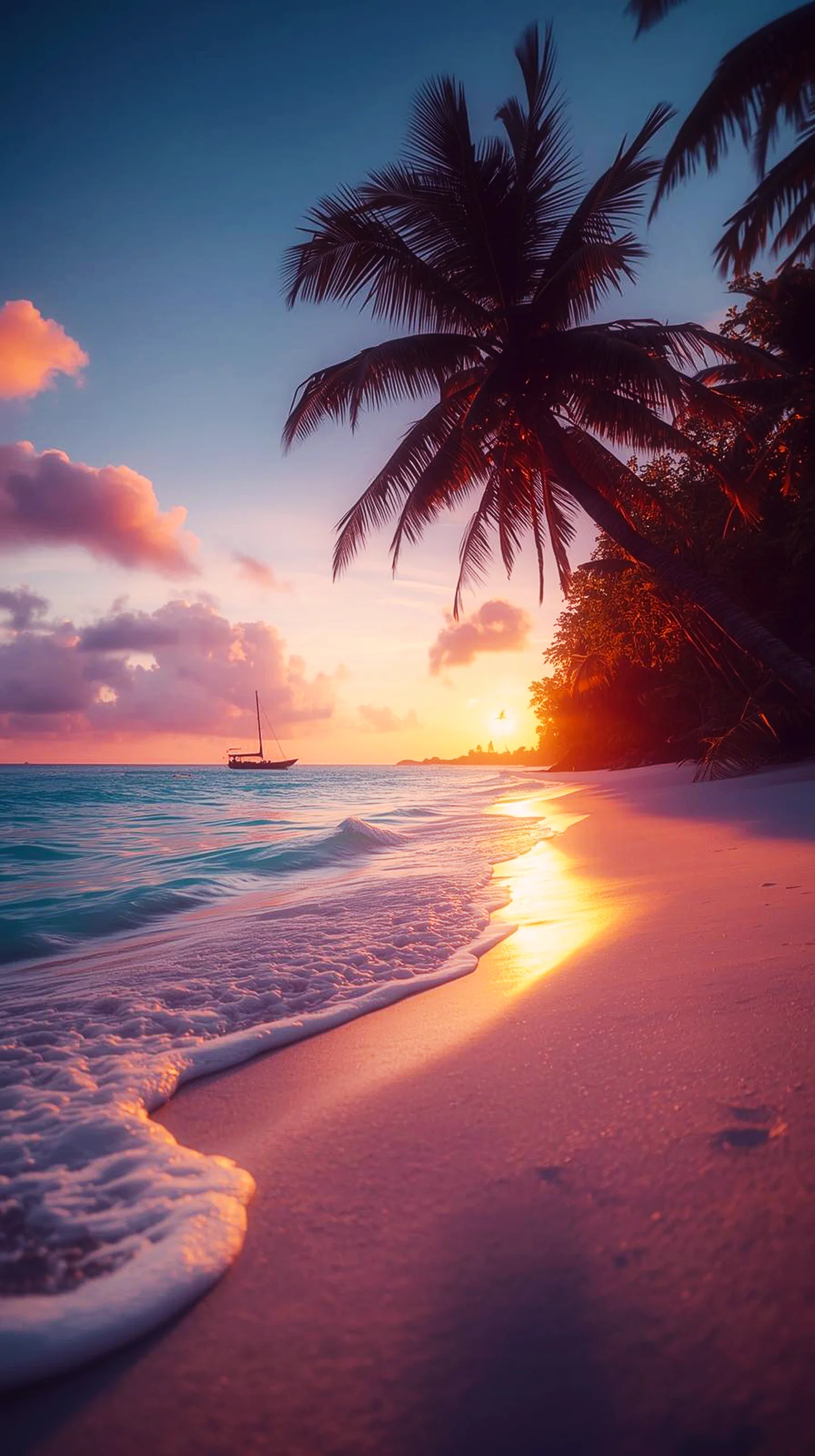Tropical sunset beach with palm trees, ocean waves, and a sailboat. iPhone wallpaper 4K, 4K wallpaper for mobile,