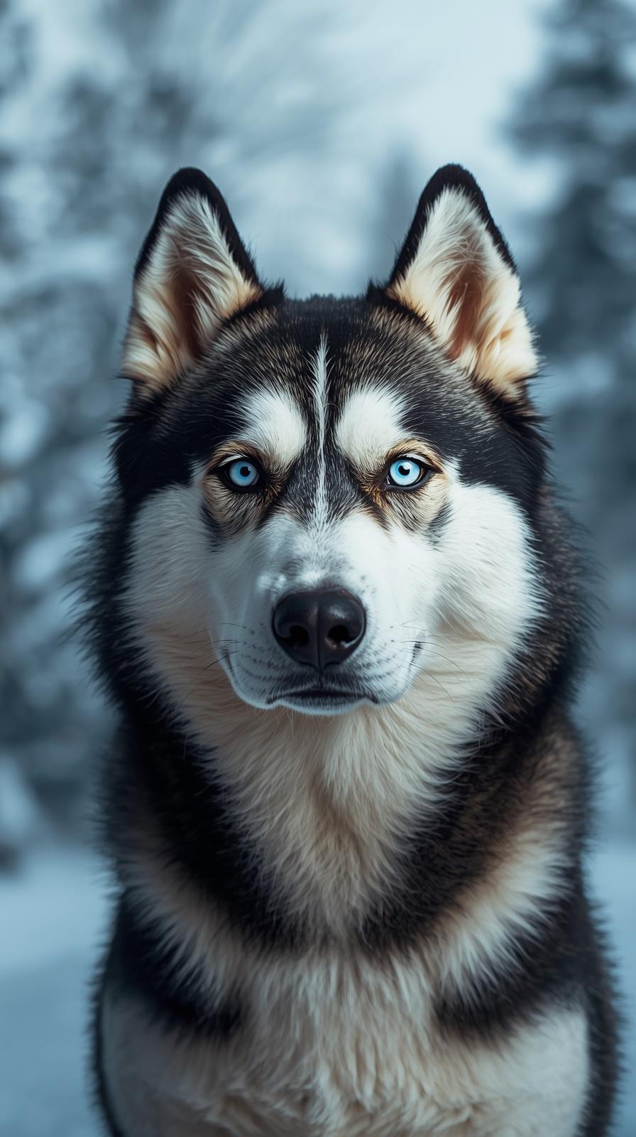 Majestic husky with piercing blue eyes in a winter forest setting