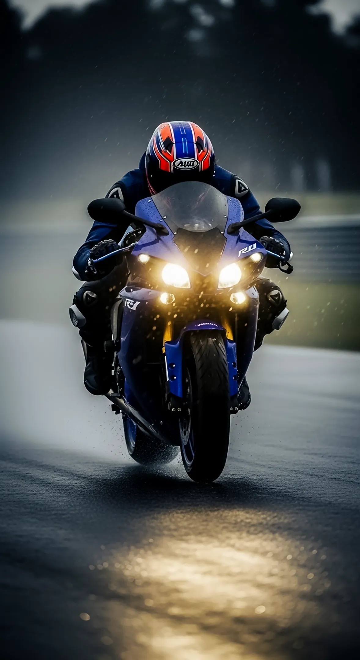 Blue sport bike in rain with bright headlights. Ideal 4k wallpaper for iphone, iphone wallpaper 4k, 4k wallpaper for