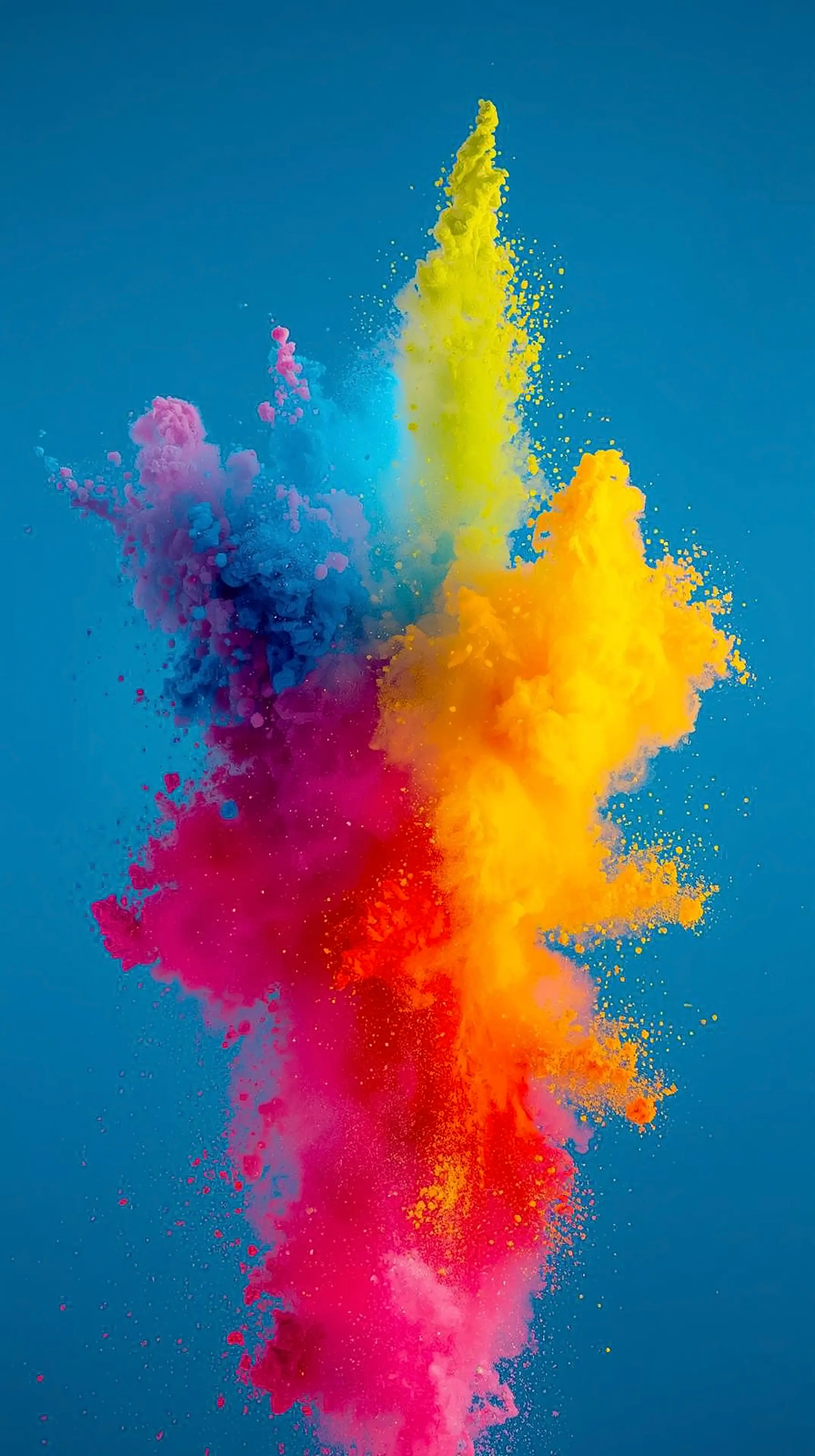 4k wallpaper for mobile Vibrant Color Powder Explosion Burst, Pink Yellow Orange Blue Holi Smoke Cloud on Deep Teal Background Aesthetic