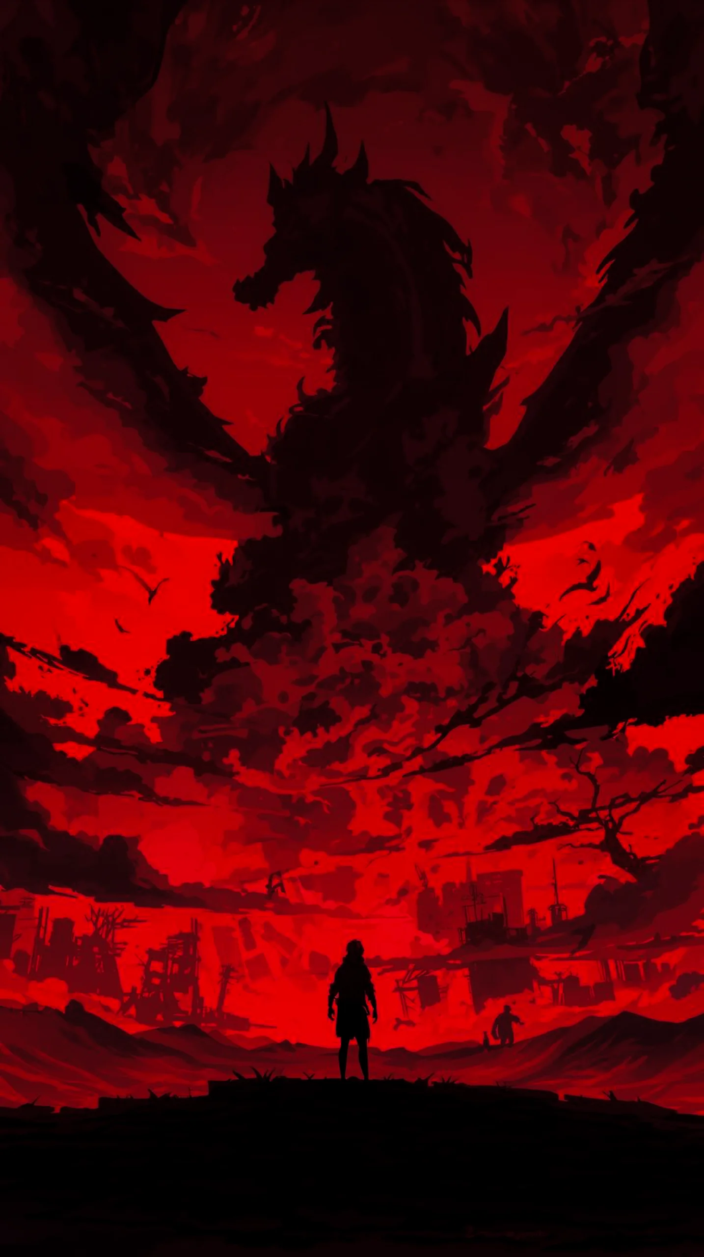 Epic anime wallpaper iphone 4k with a dragon silhouette against a red sky and a city background. Perfect mobile