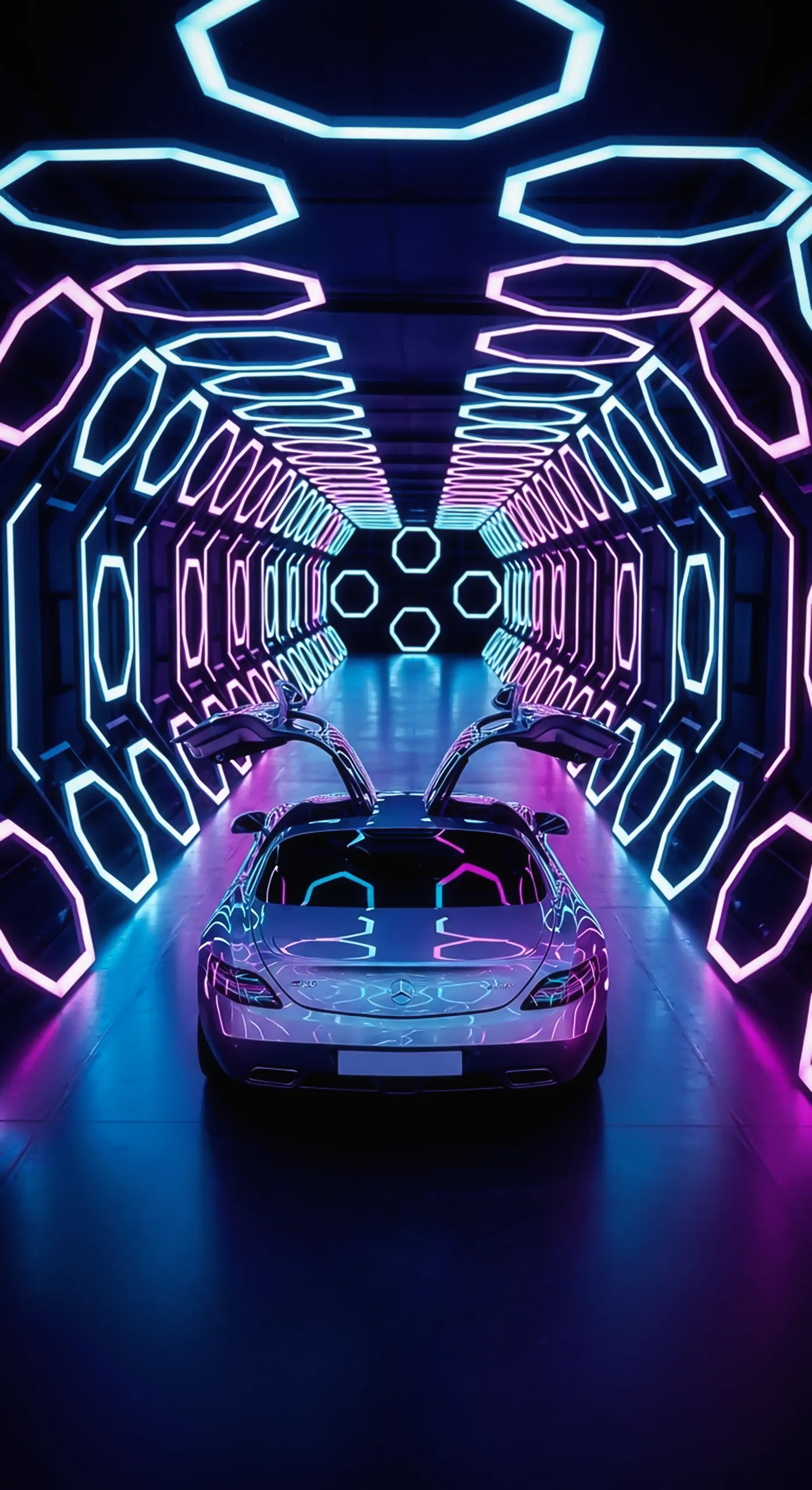 Futuristic car in a neon tunnel, a perfect car iPhone wallpaper and car wallpaper 4k for mobile.