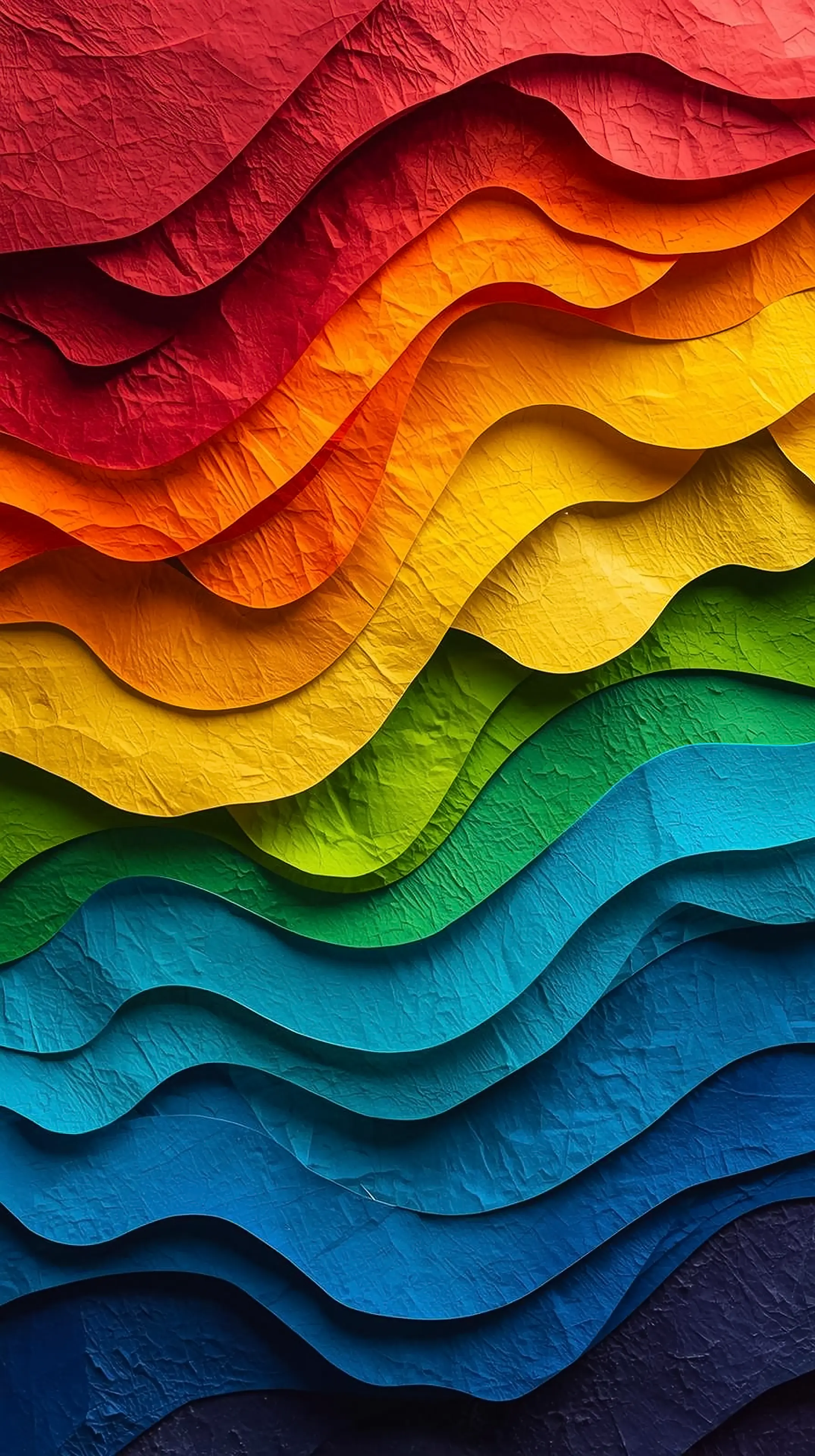 4k wallpaper for mobile Vibrant Rainbow Layered Paper Waves, Colorful Abstract 3D Origami Texture in Red Orange Yellow G