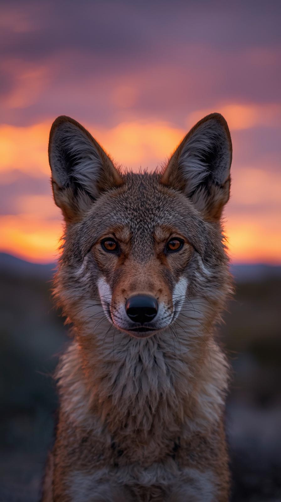 Coyote face at sunset, wild and serene wallpaper.