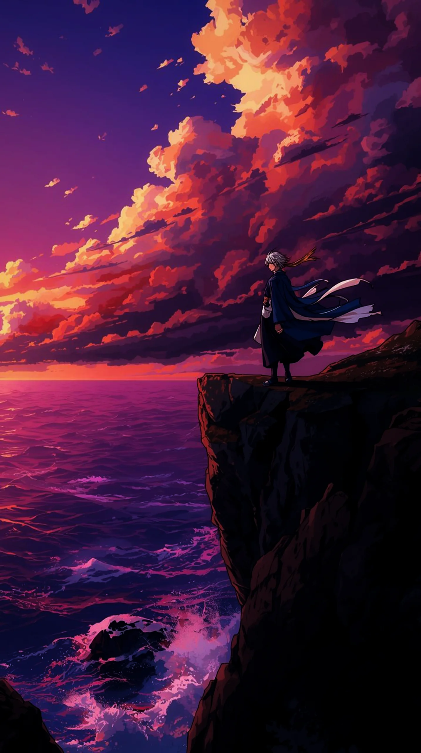 serene anime warrior cliff sunset wallpaper for phone 4K