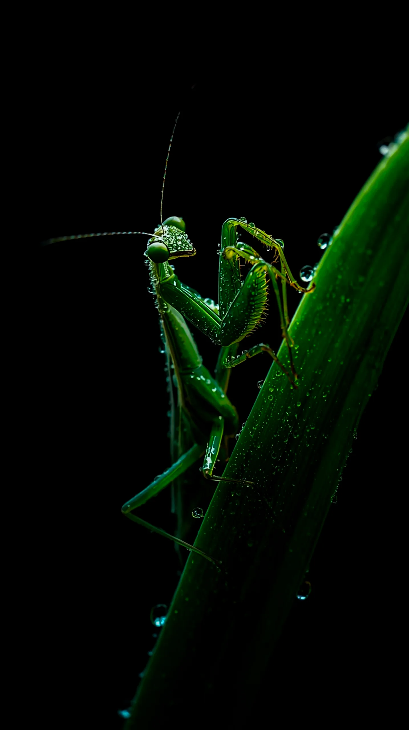 Mantis on leaf amoled wallpaper 4k for mobile, iphone wallpaper 4k, 4k wallpaper for phone and iphone background.