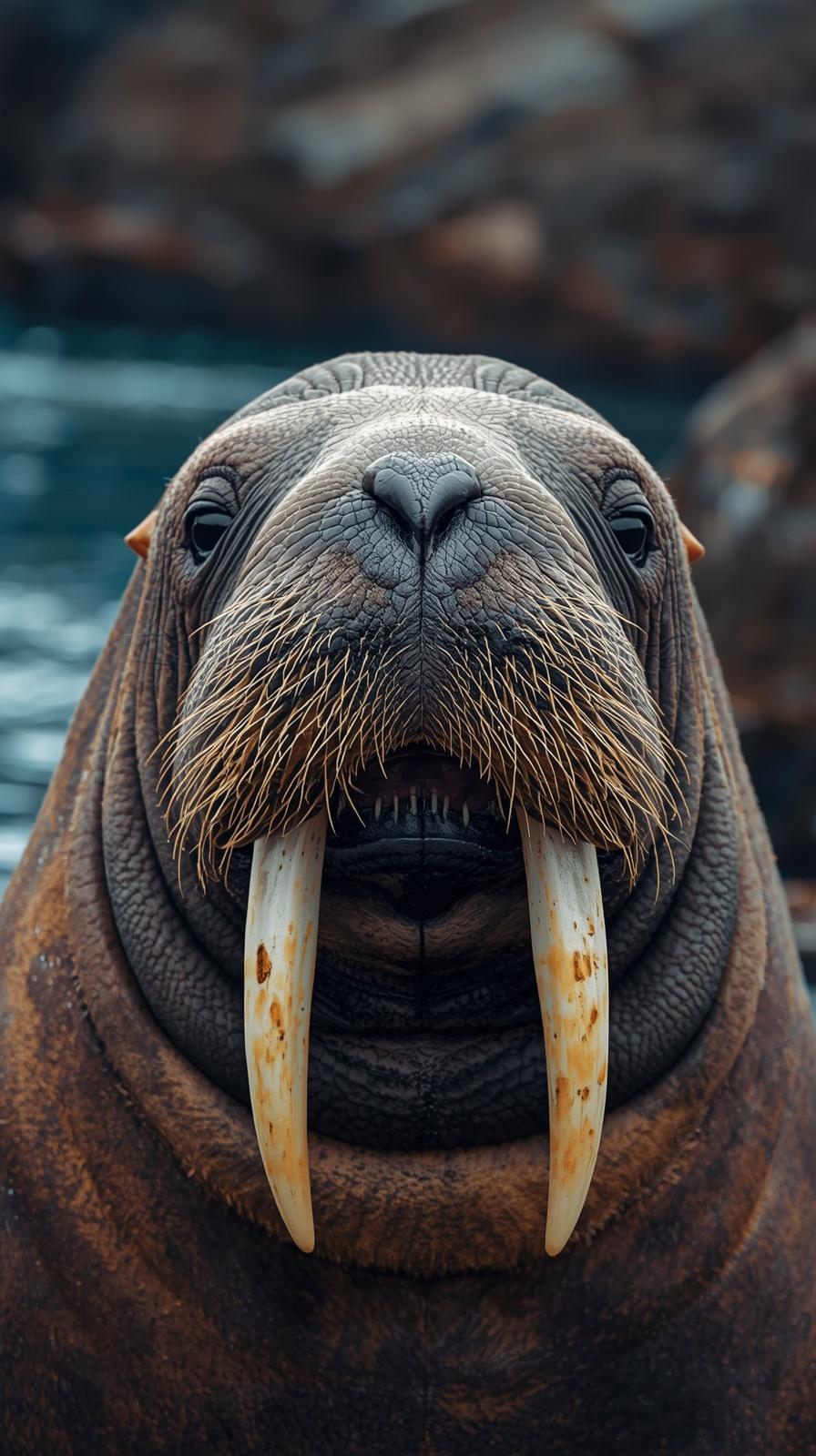 Close-up portrait of a majestic walrus with long tusks and whiskers.