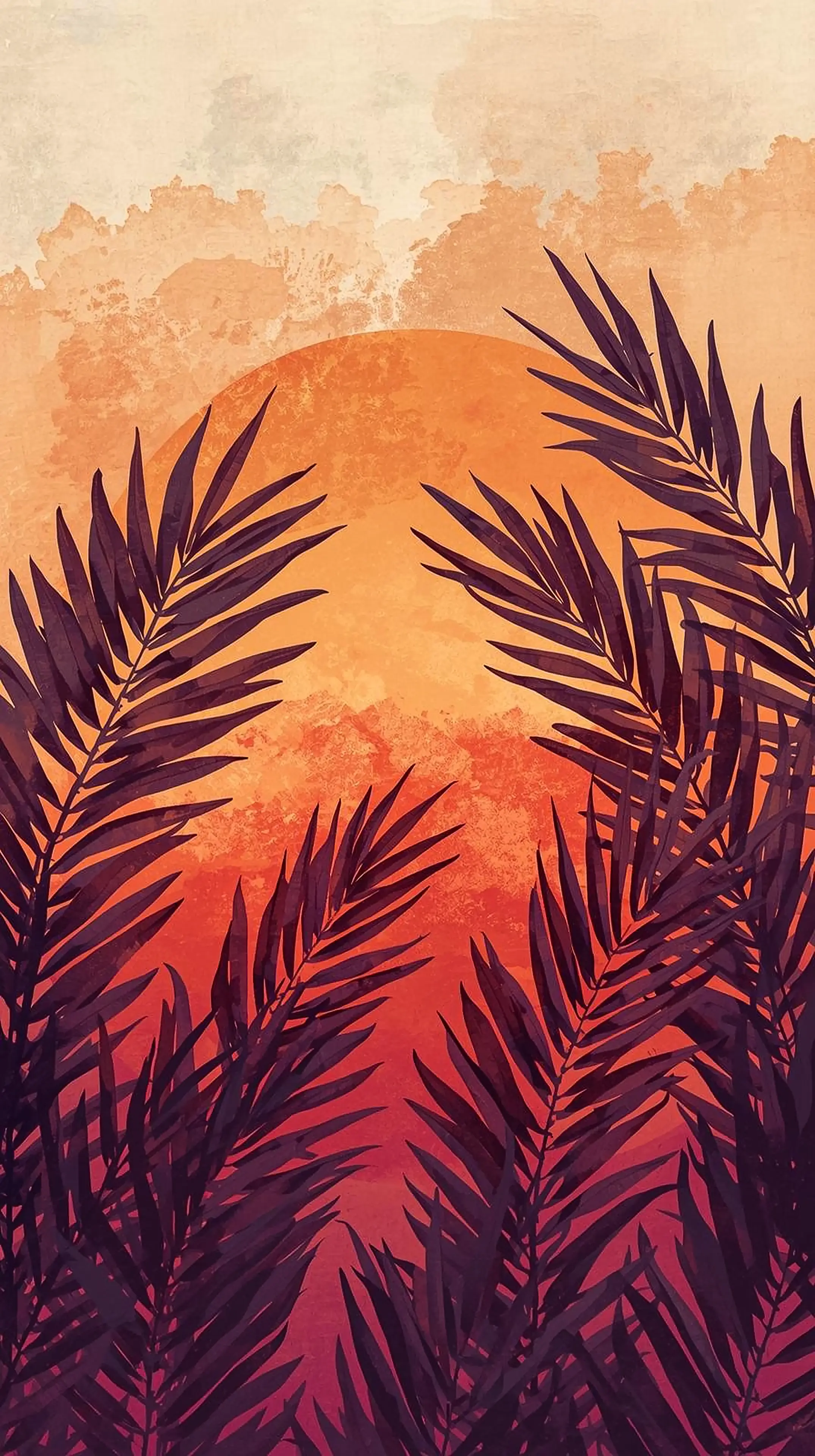 4k wallpaper for mobile Tropical Sunset Palm Silhouettes, Vibrant Orange Pink Sky with Dark Palm Leaves & Warm Gradient Aesthetic