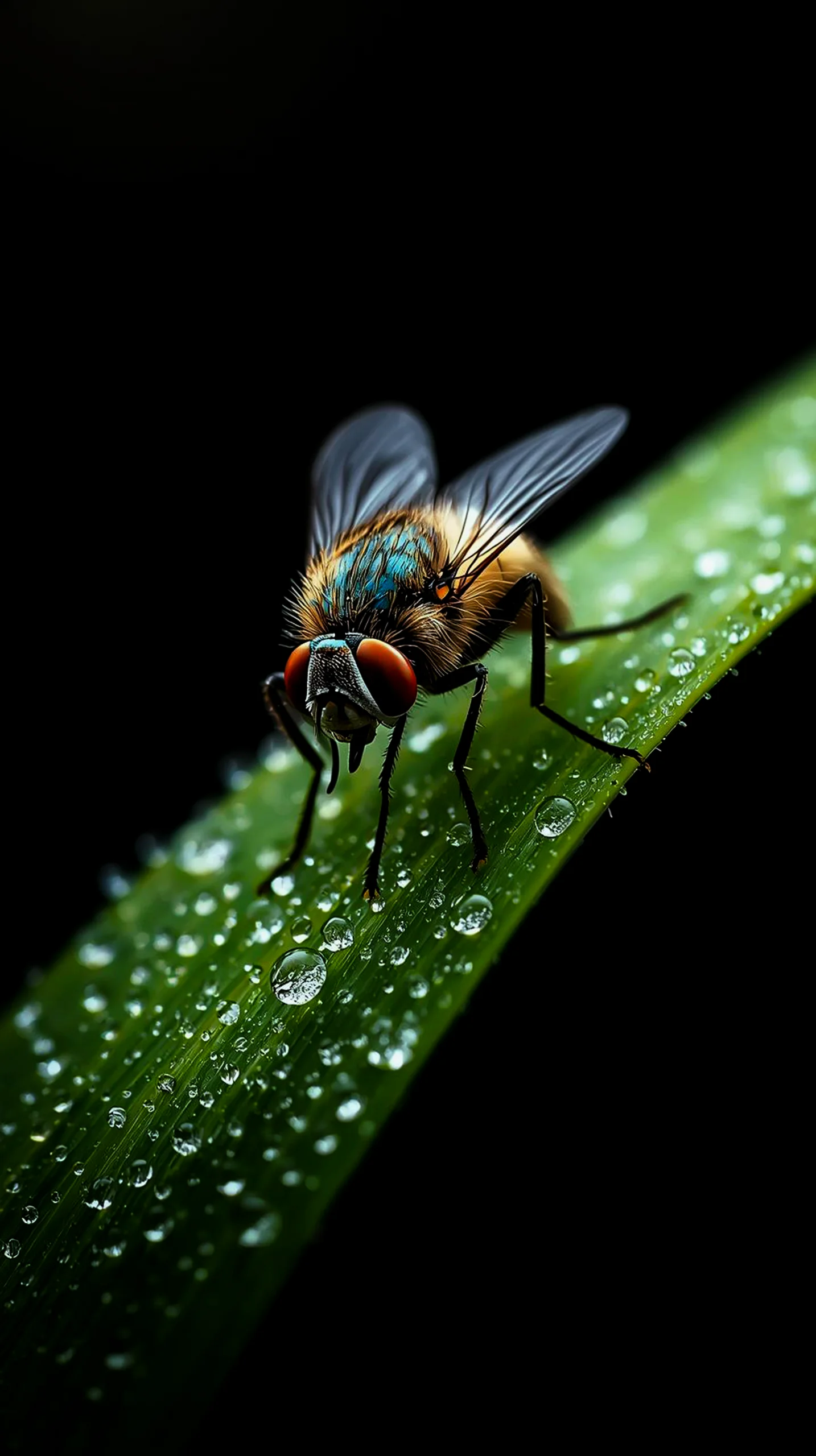 Macro fly on a dewy leaf, amoled wallpaper 4k for mobile, iphone wallpaper 4k, 4k backgrounds, iphone 4k background.