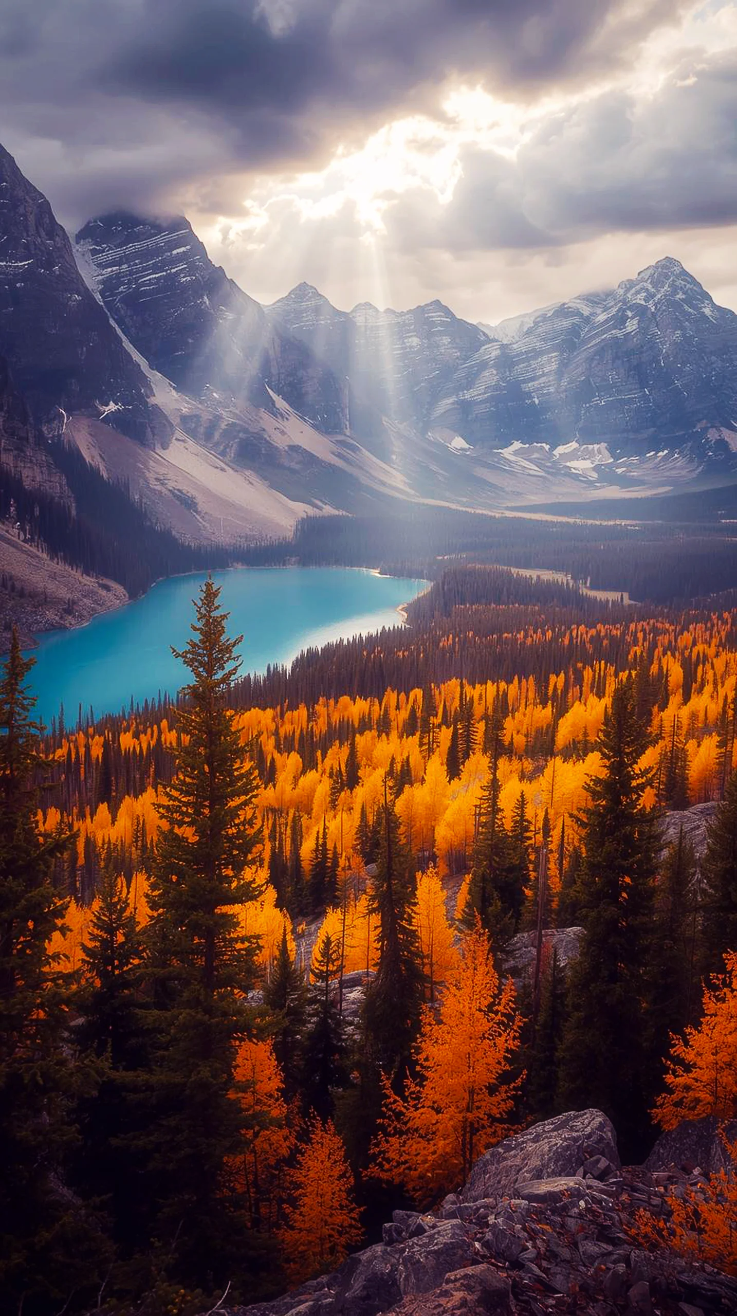 4K iPhone wallpaper of a stunning landscape with a turquoise lake, autumn forest, and mountain peaks. Ideal 4K