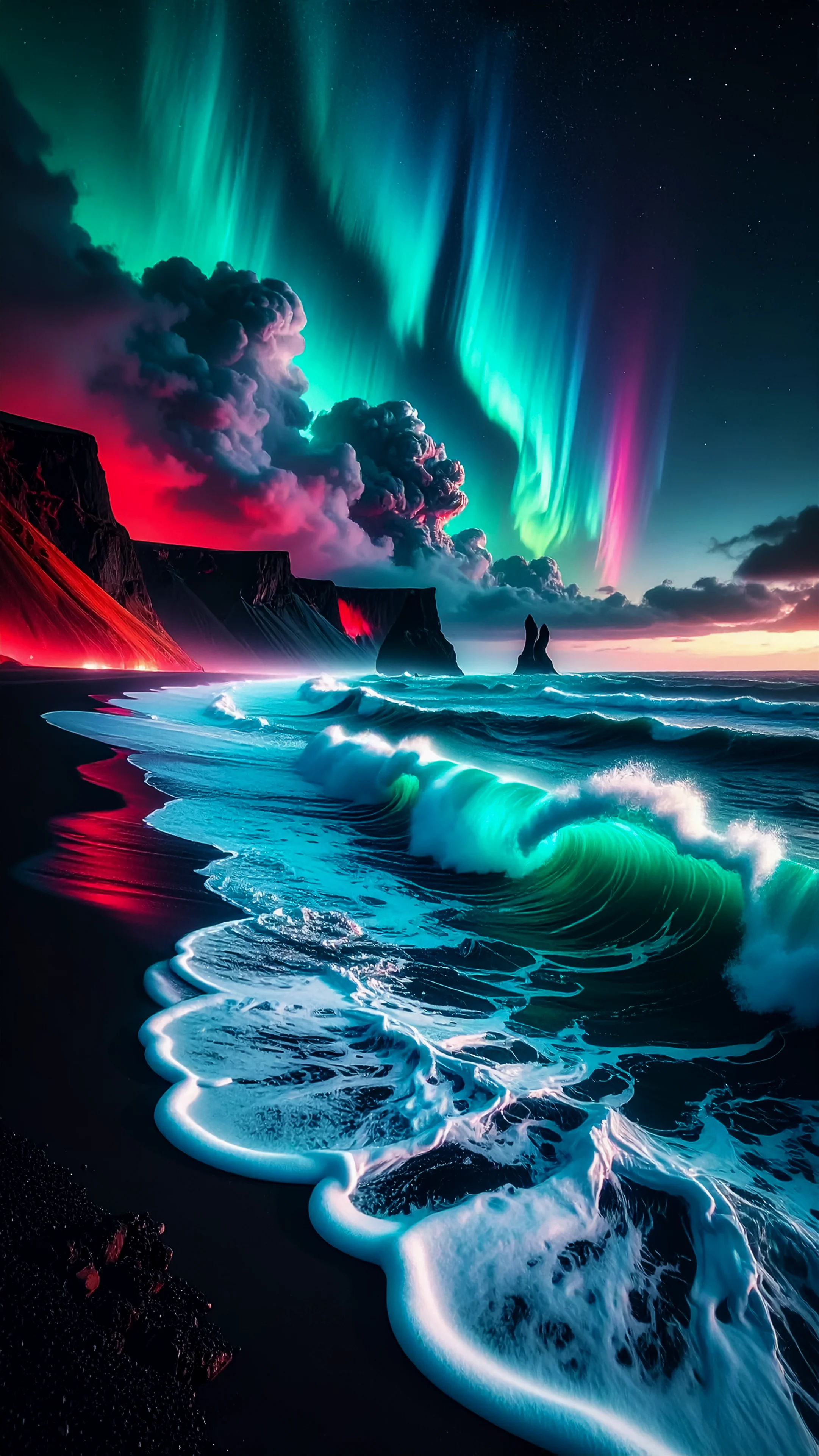 4k wallpaper for mobile Epic Aurora over Black Sand Beach, Neon Green Pink Blue Northern Lights & Crashing Ocean Waves a