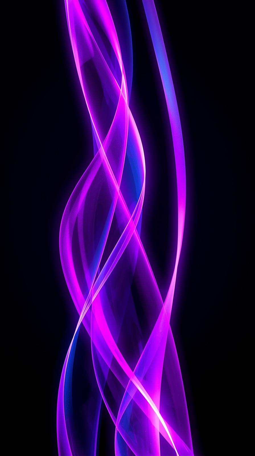 Purple neon flowing ribbons on black, iridescent highlights,