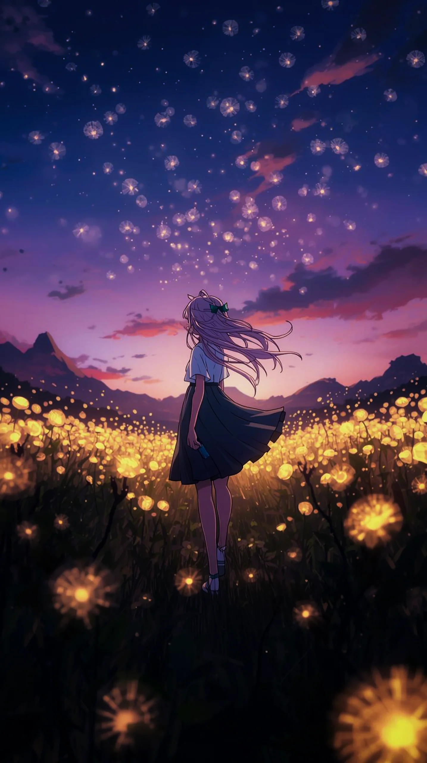 magical anime girl firefly field wallpaper for phone 4K