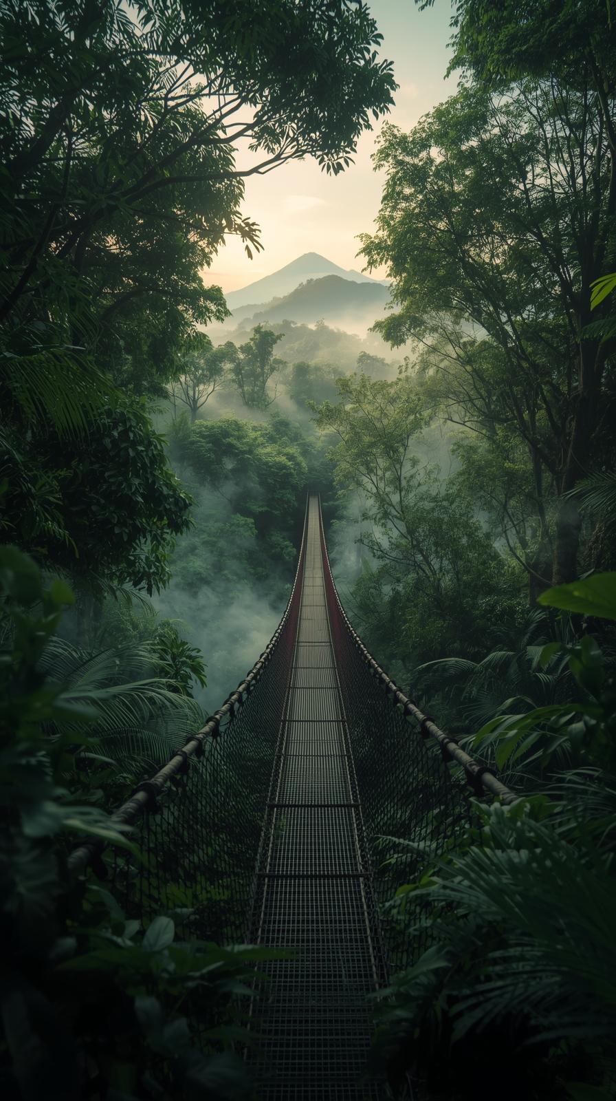 Borneo rainforest canopy walkway at sunrise