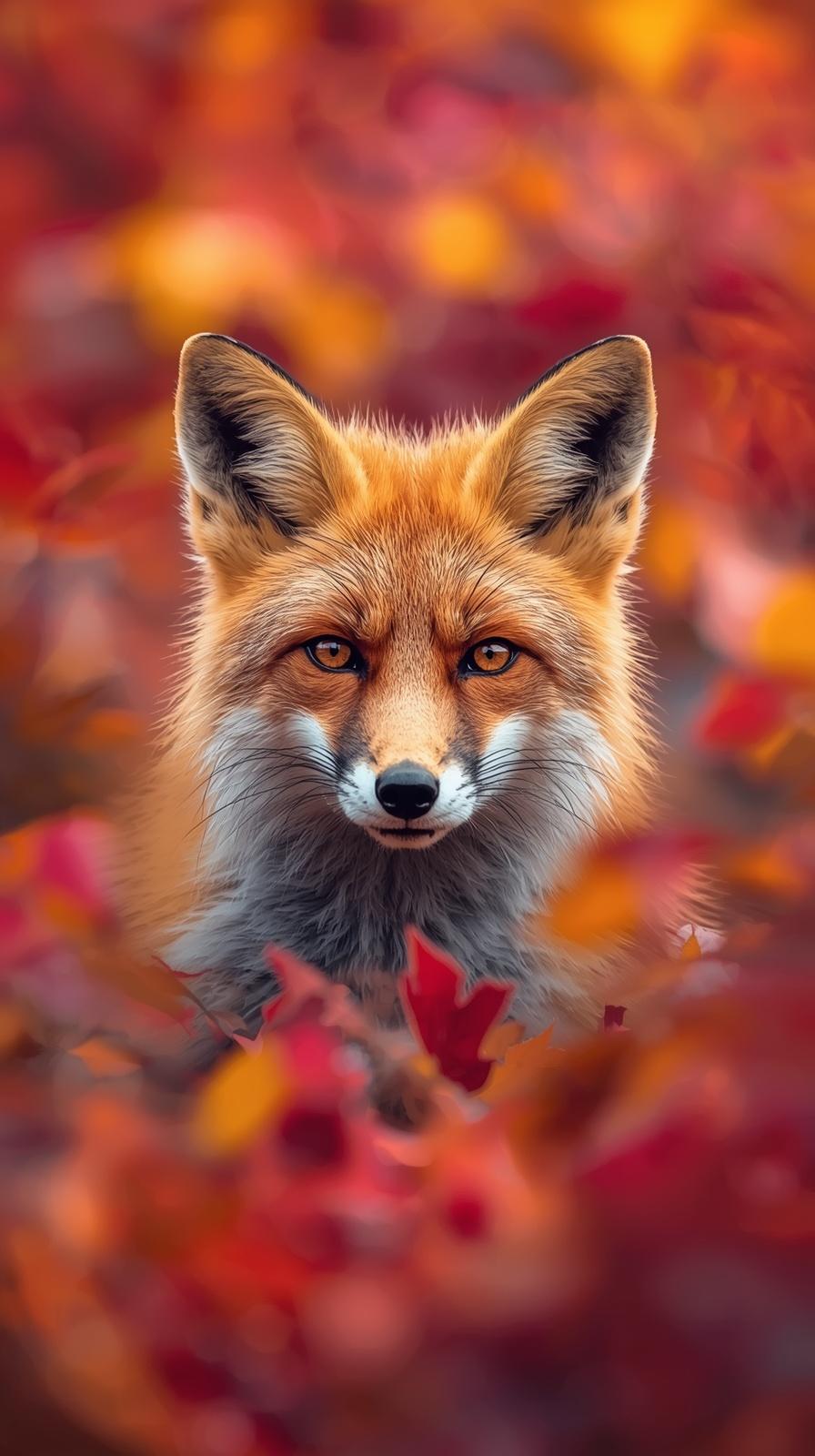 A beautiful fox portrait surrounded by vibrant red and orange autumn leaves in soft focus.