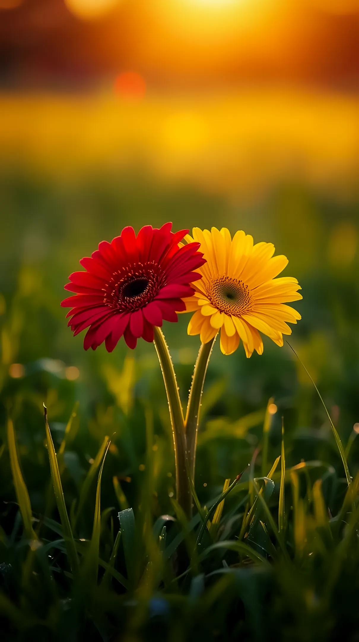 Red and yellow Gerbera daisies in grass at sunset. Flower background for iPhone, flower phone background, flower phone