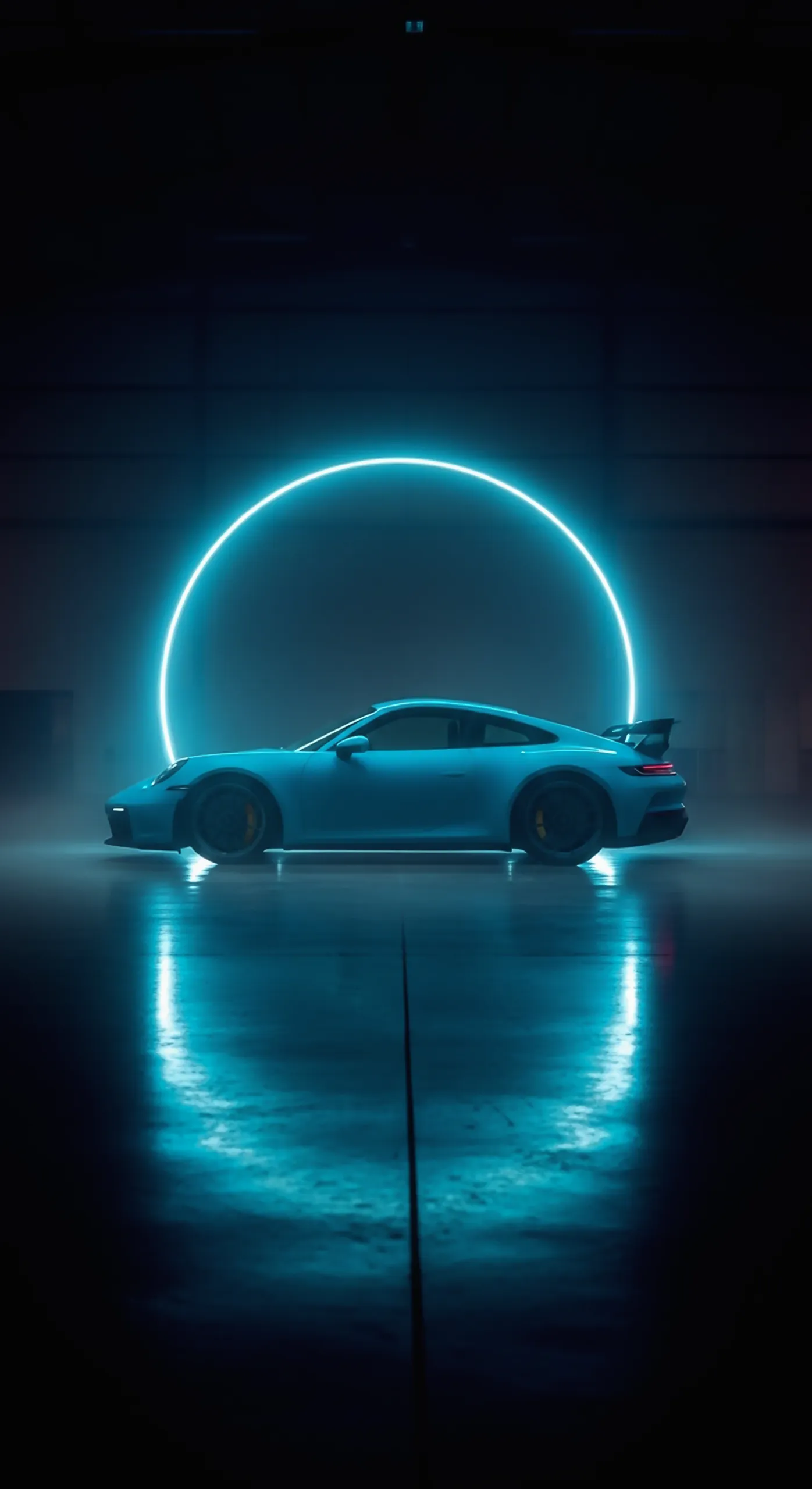 Blue Porsche 911 GT3 RS with a neon blue circle, ideal car iPhone wallpaper and car wallpaper 4K for mobile.