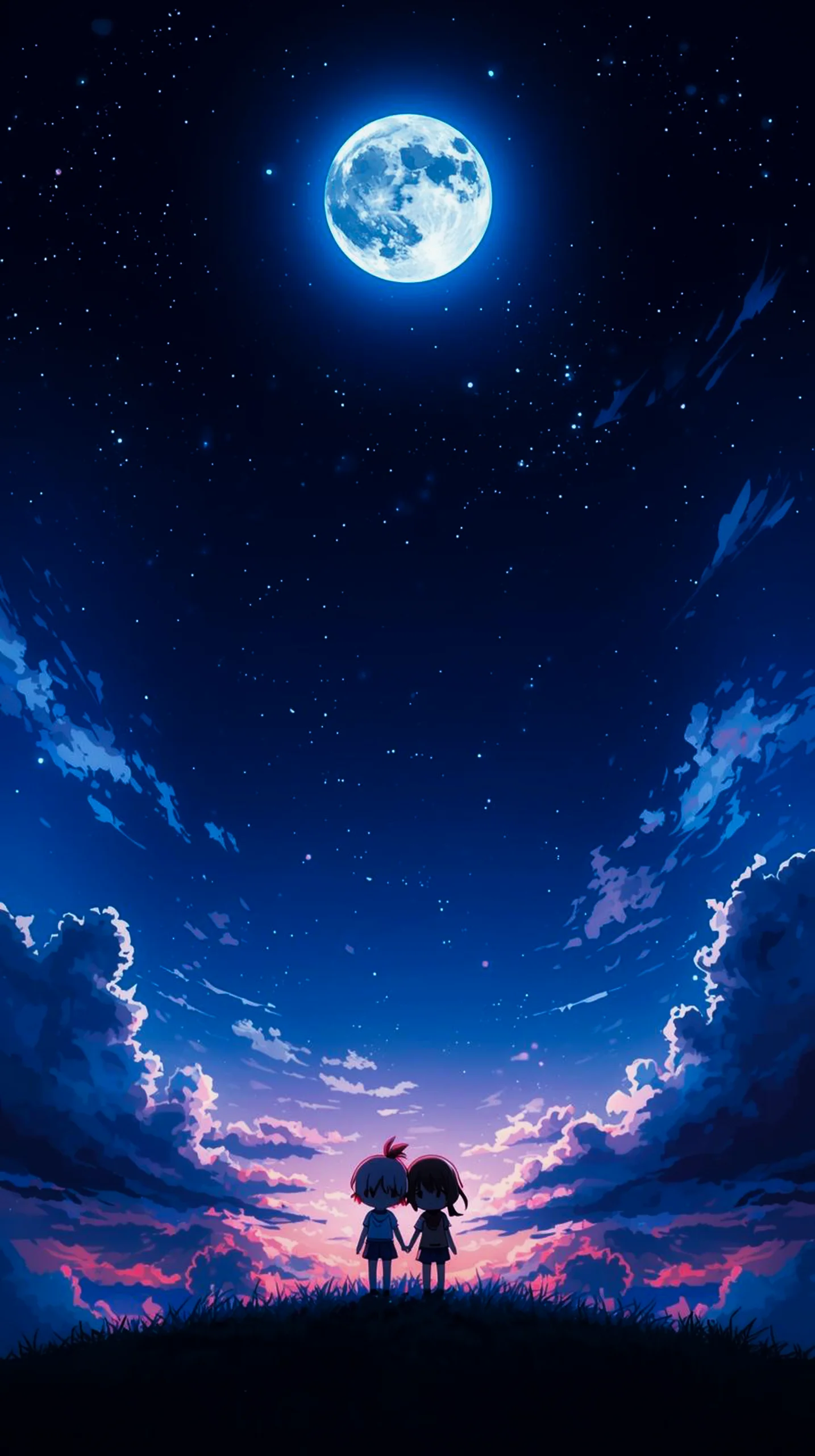 dreamy anime couple full moon wallpaper for phone 4K