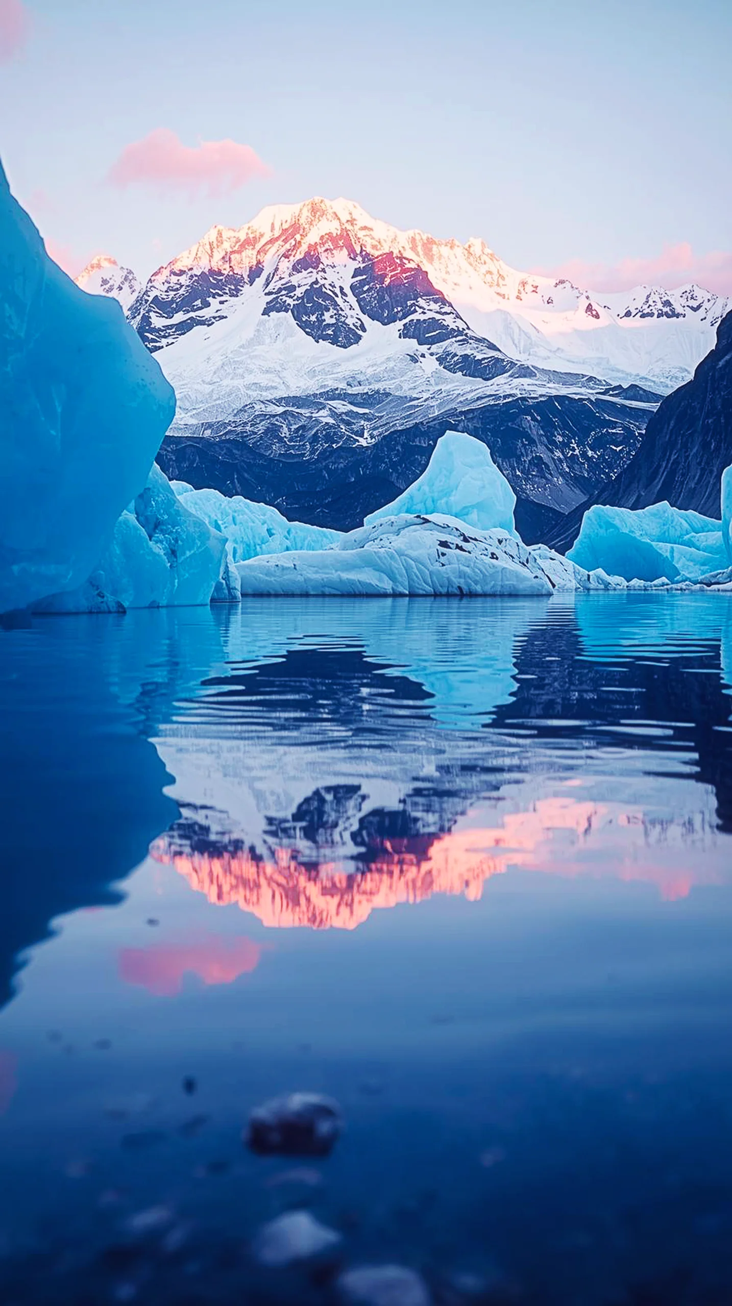 A stunning 4K mobile wallpaper of a snow-capped glacier mountain reflecting in a calm blue lake at sunset.