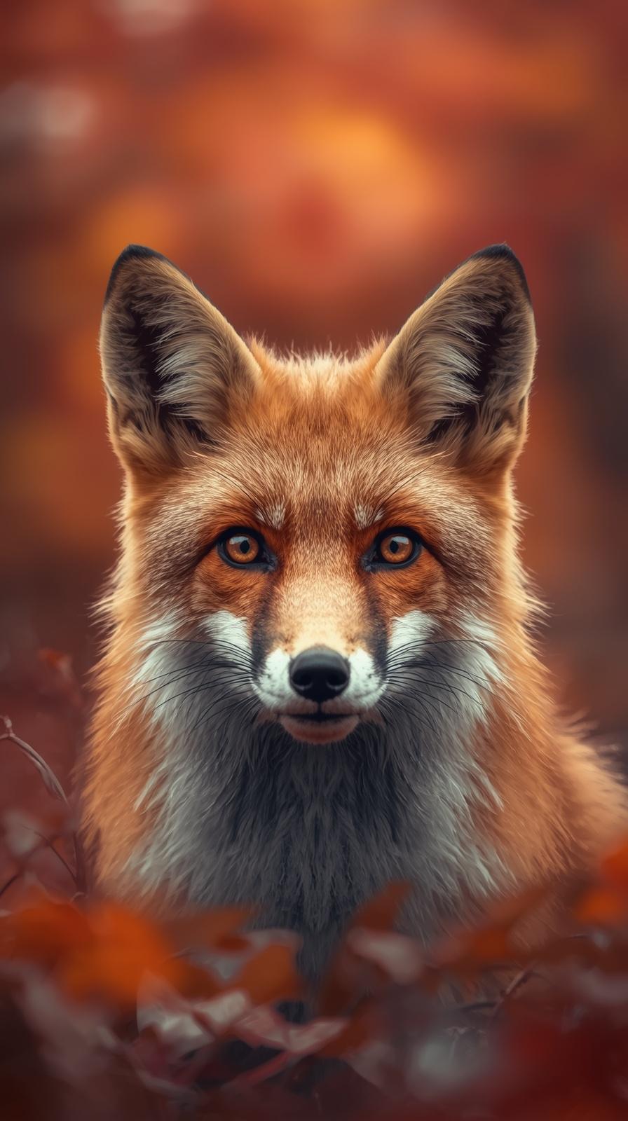 Captivating fox portrait with vibrant fur and intense eyes in autumn forest.