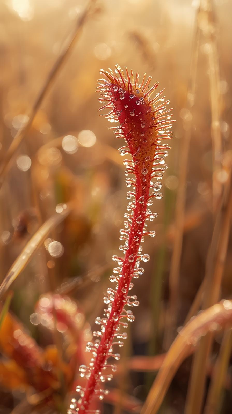 Golden Sundew Macro: Red Carnivorous Plant with Morning Dew Wallpaper