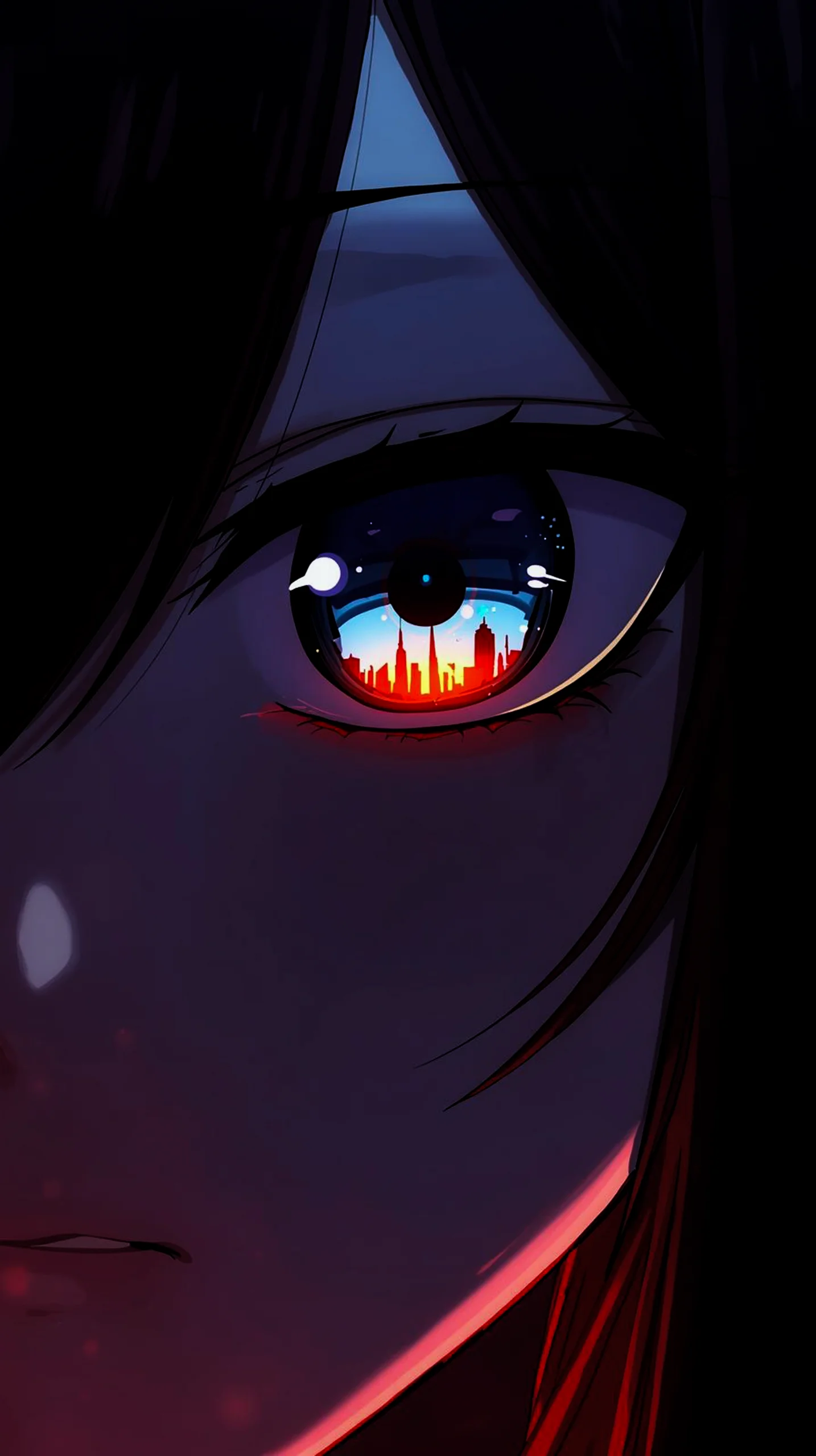 moody anime girl eye city reflection wallpaper for iPhone 4K