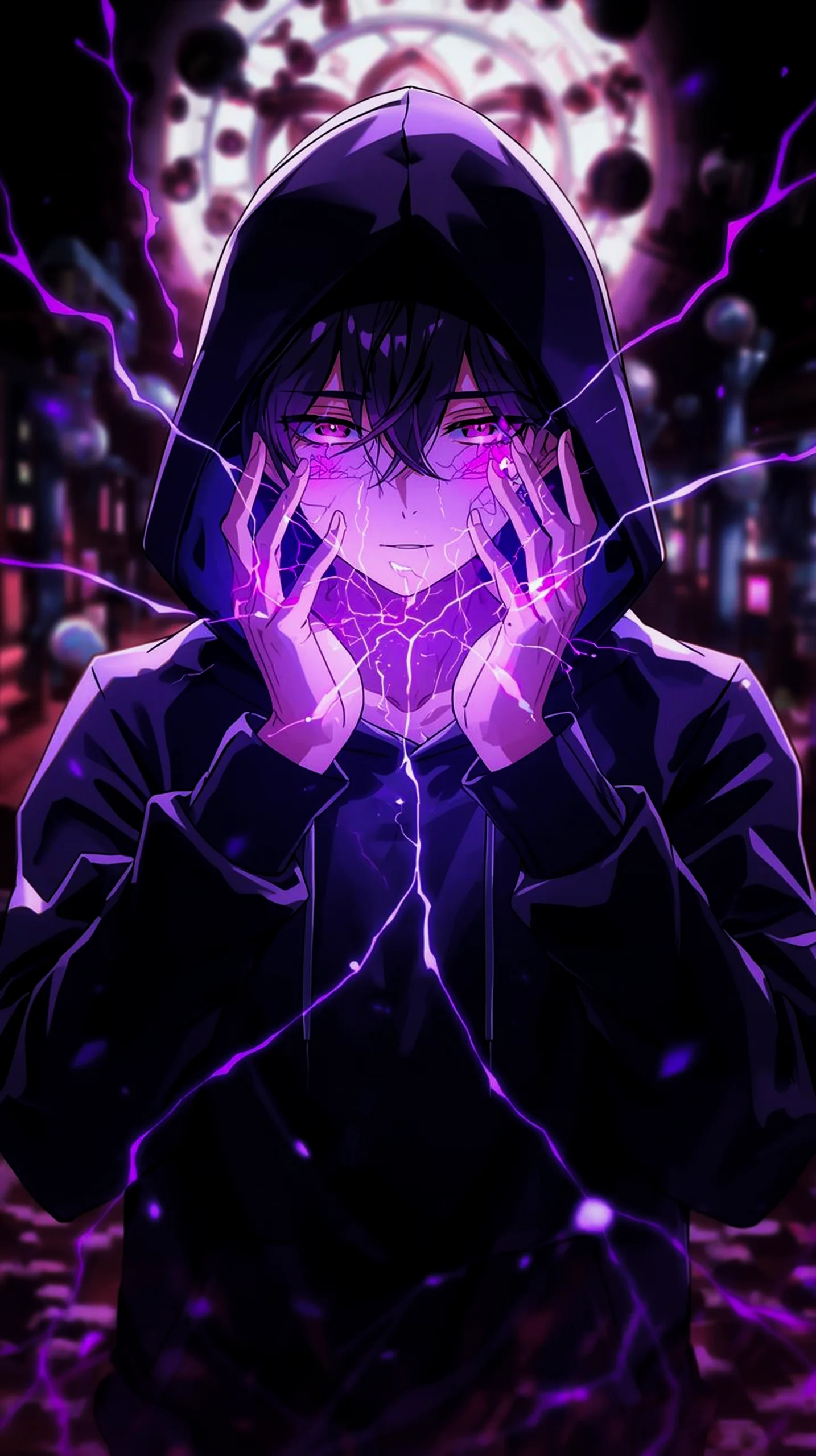 dark anime boy with purple lightning wallpaper for phone 4k