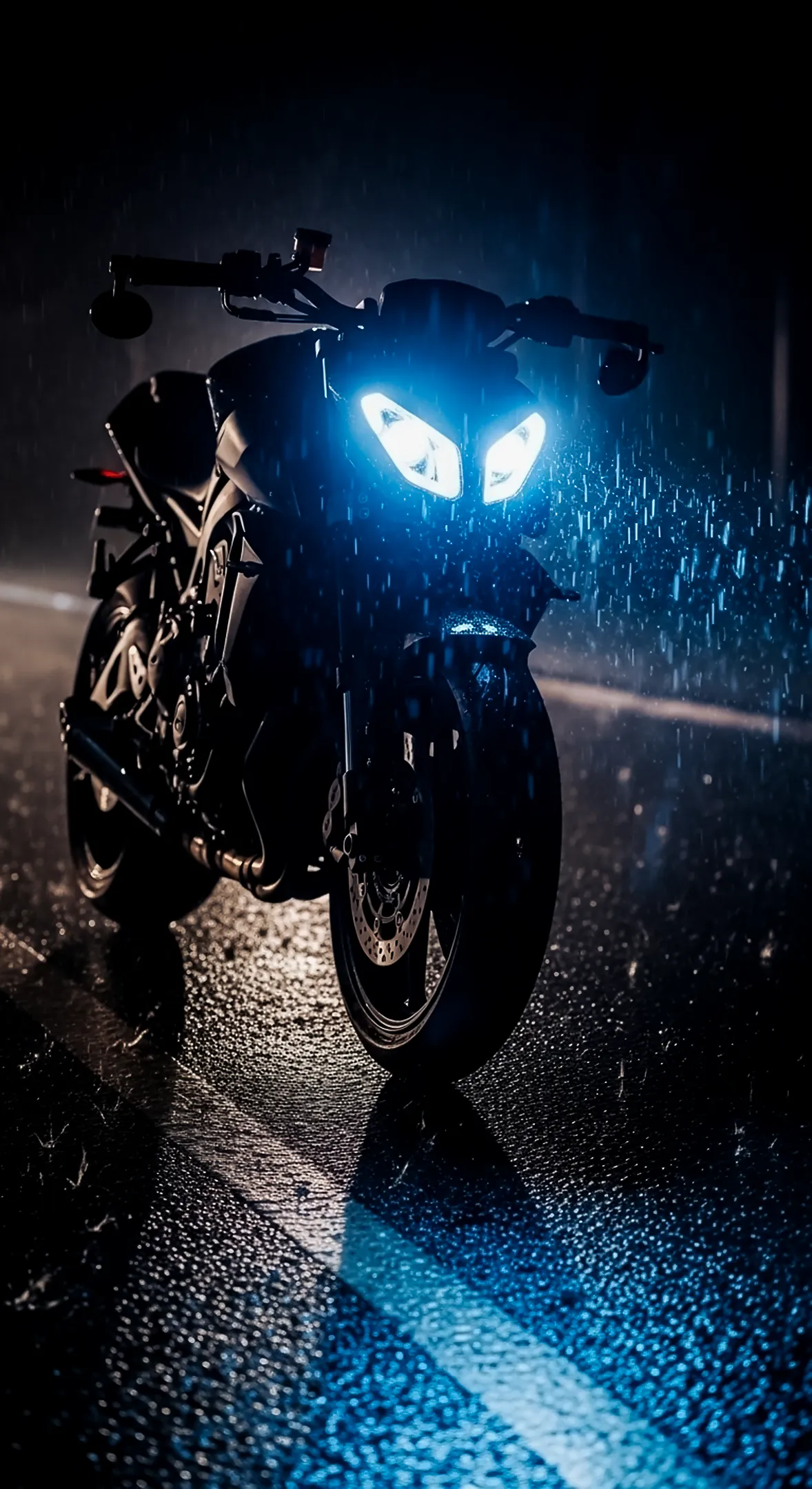 Motorcycle in rain with blue headlights, wet road. A cool 4K iPhone wallpaper for mobile, perfect phone wallpaper. Not