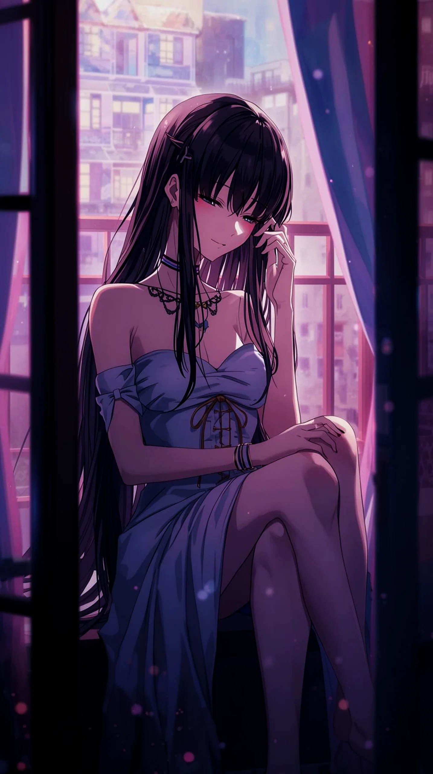 Beautiful aesthetic anime girl sitting by window, perfect as an iphone wallpaper or mobile wallpaper for your phone