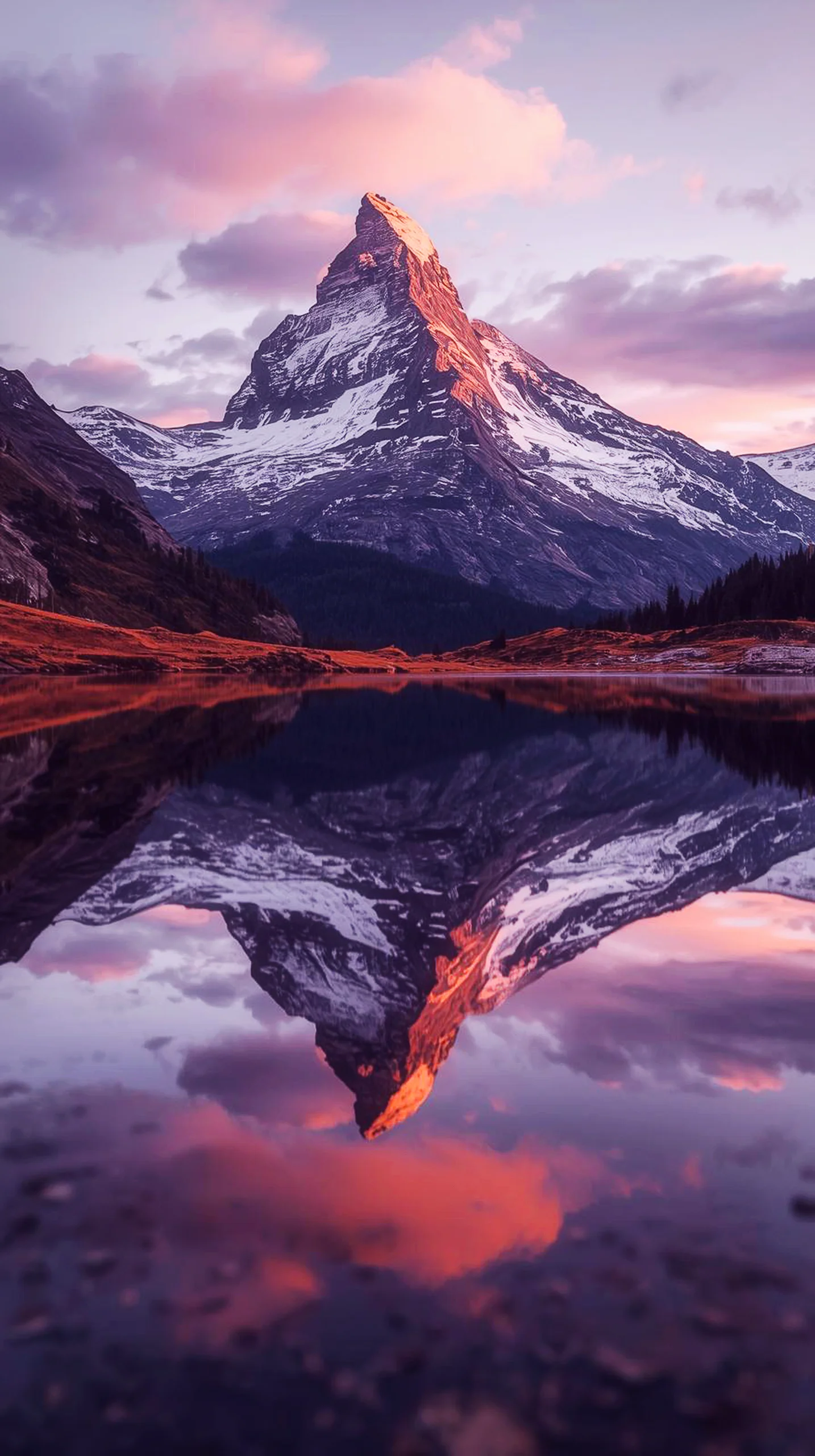 Matterhorn mountain reflection at sunset, 4k wallpaper for mobile and 4k iphone background.