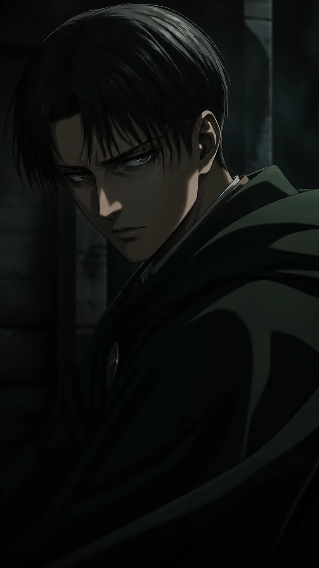 Wallpaper dark anime — serious green cloak warrior dark haired anime warrior with a serious look wearing a dark green cloak in low lighting