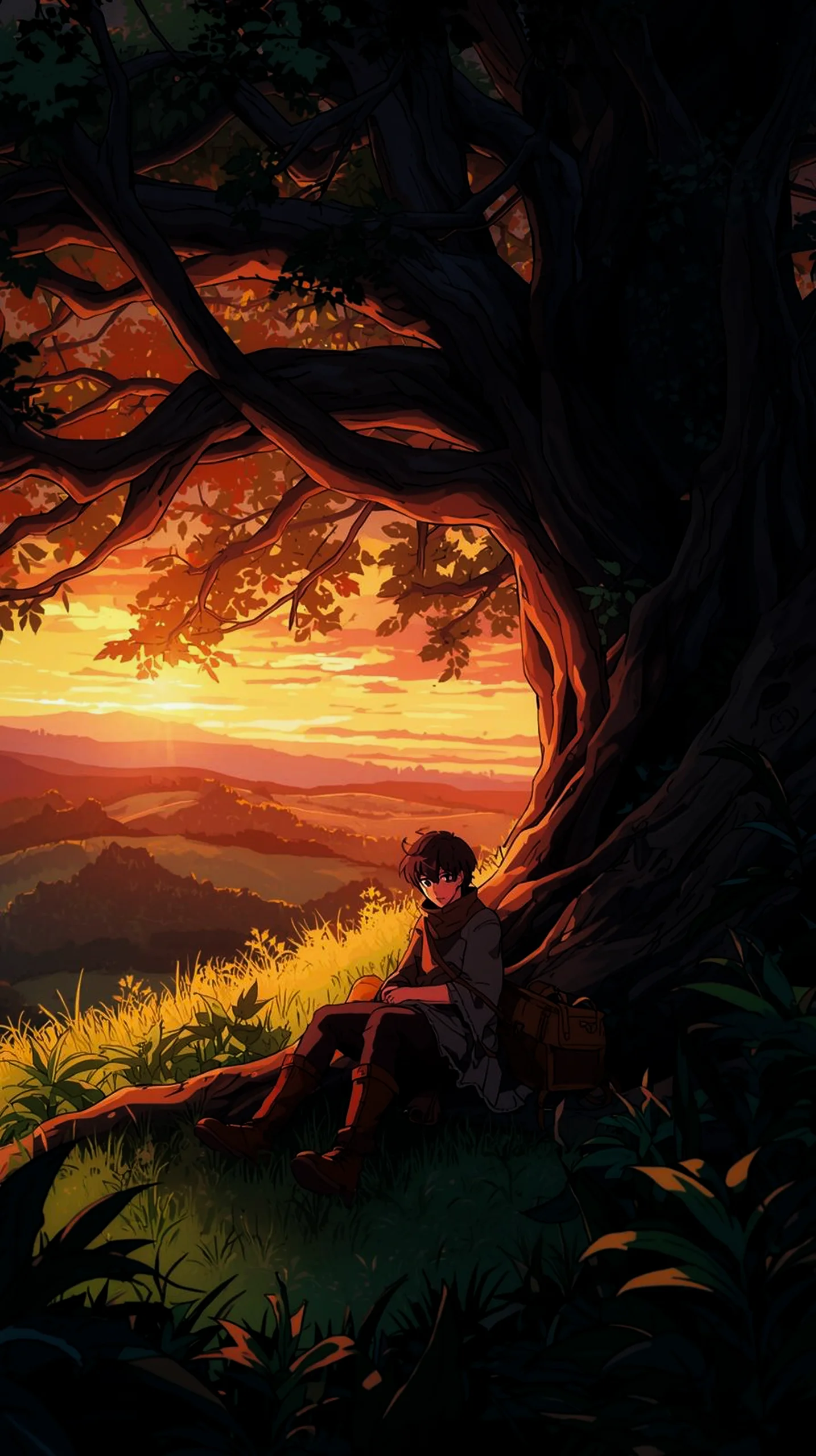 serene anime boy under tree sunset wallpaper for phone 4K