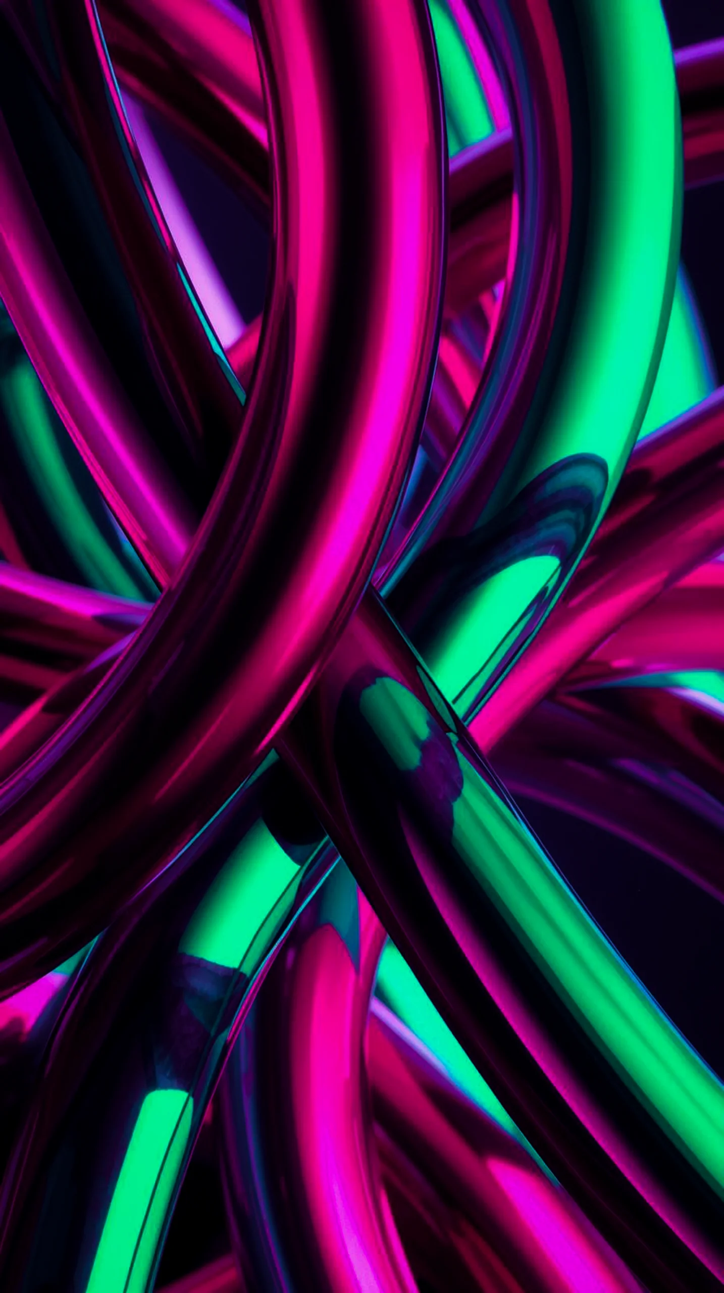 A dark mobile wallpaper with intertwining neon pink and green metallic tubes creating a swirling abstract pattern.