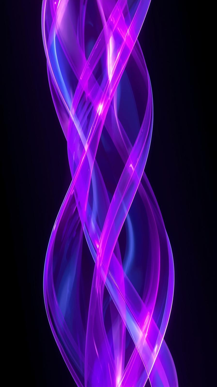 Purple neon flowing ribbons on black, iridescent highlights, Purple neon flowing ribbons