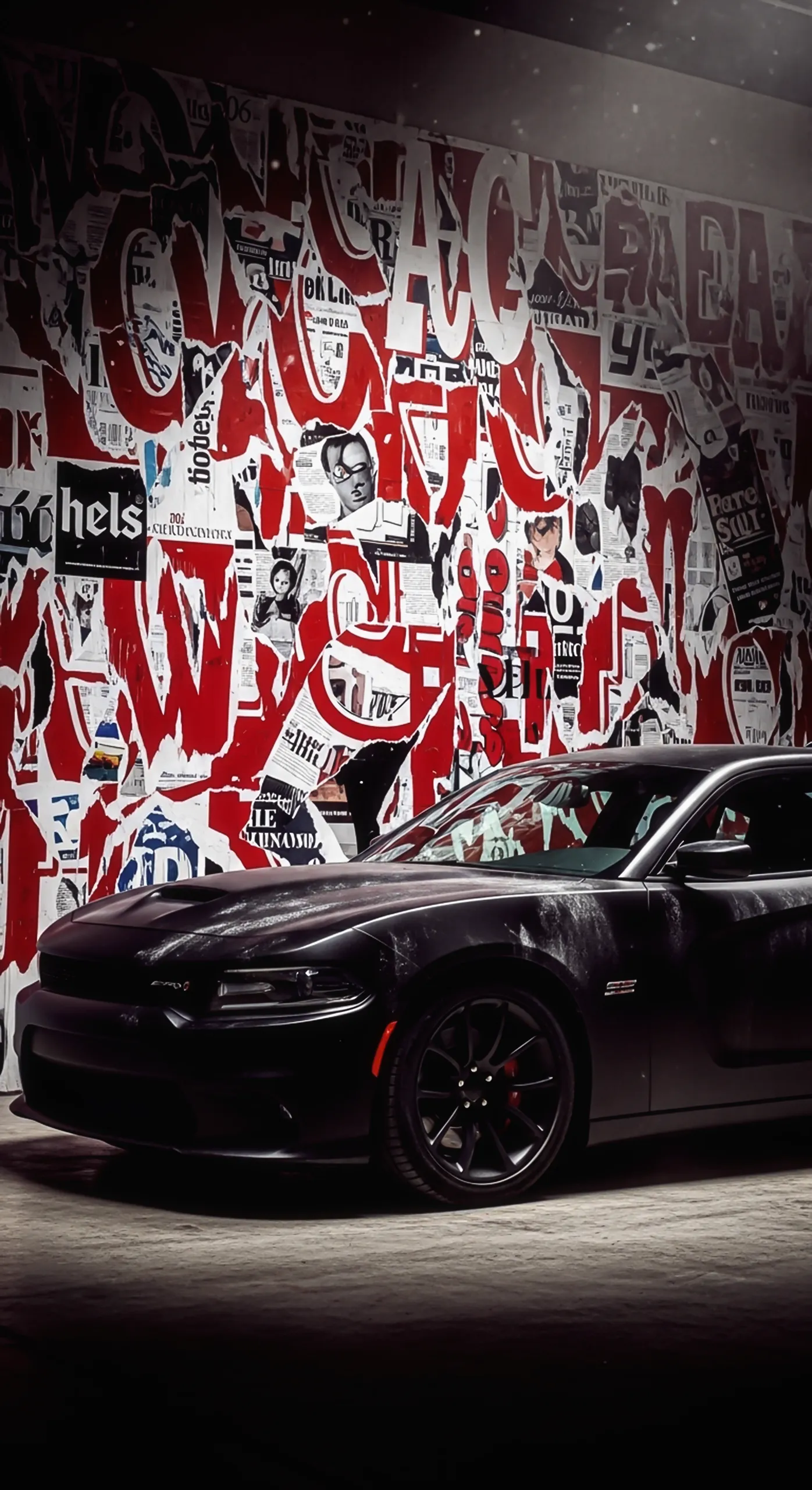 Black muscle car iphone wallpaper, car wallpaper 4k for mobile, car wallpaper4k for mobile in front of graffiti.