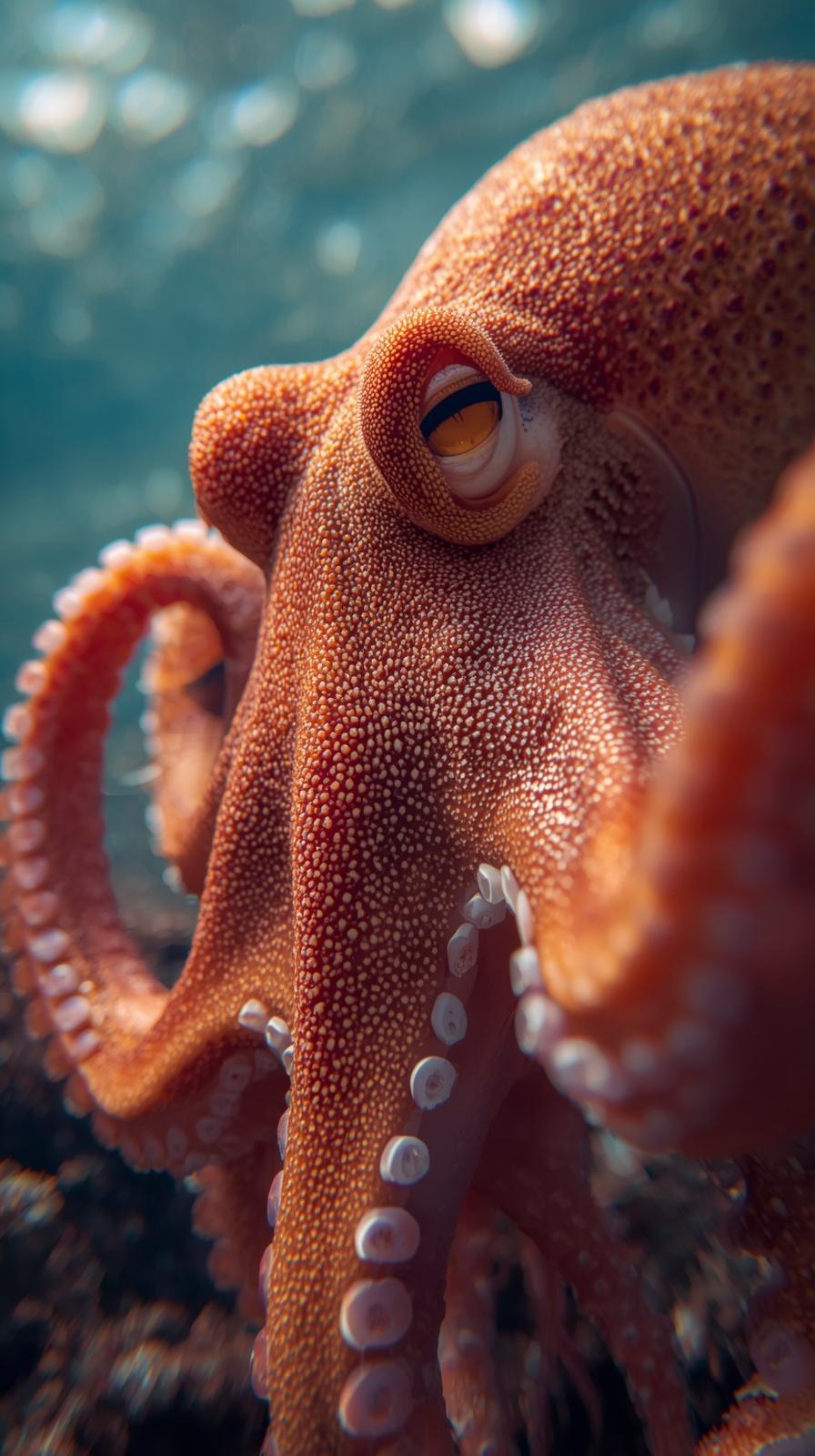 A close-up of a vibrant orange octopus swimming in the deep blue ocean waters.