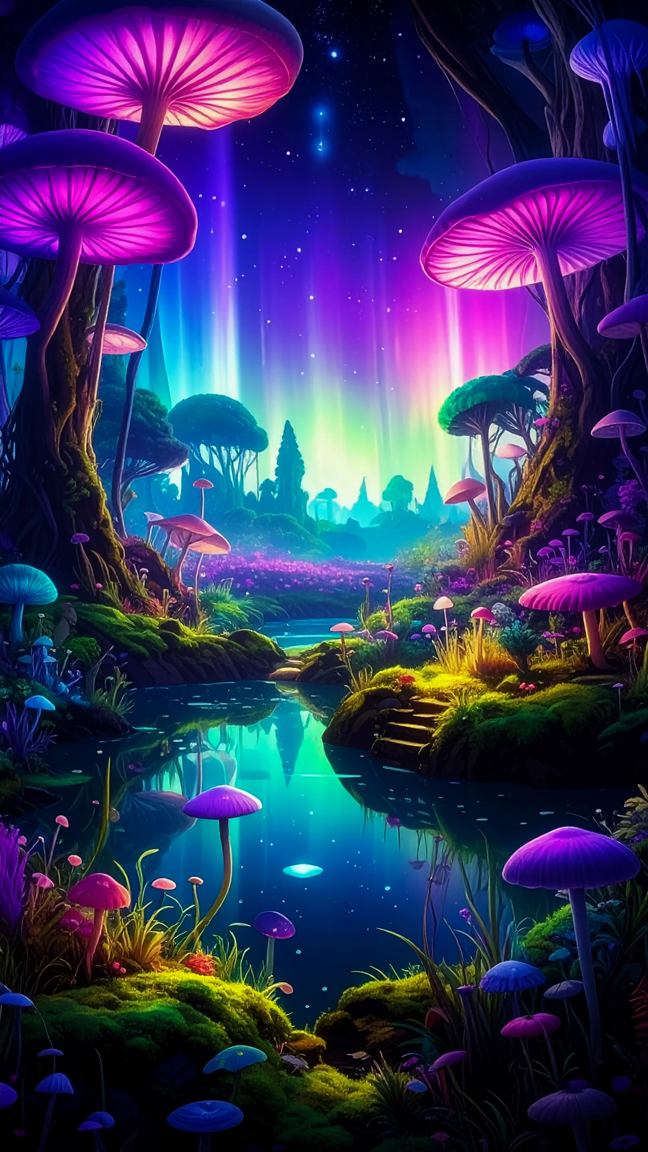 4k wallpaper for mobile Enchanted Neon Mushroom Forest, Psychedelic Purple Pink Glow with Magical Aurora & Fairy Path mu
