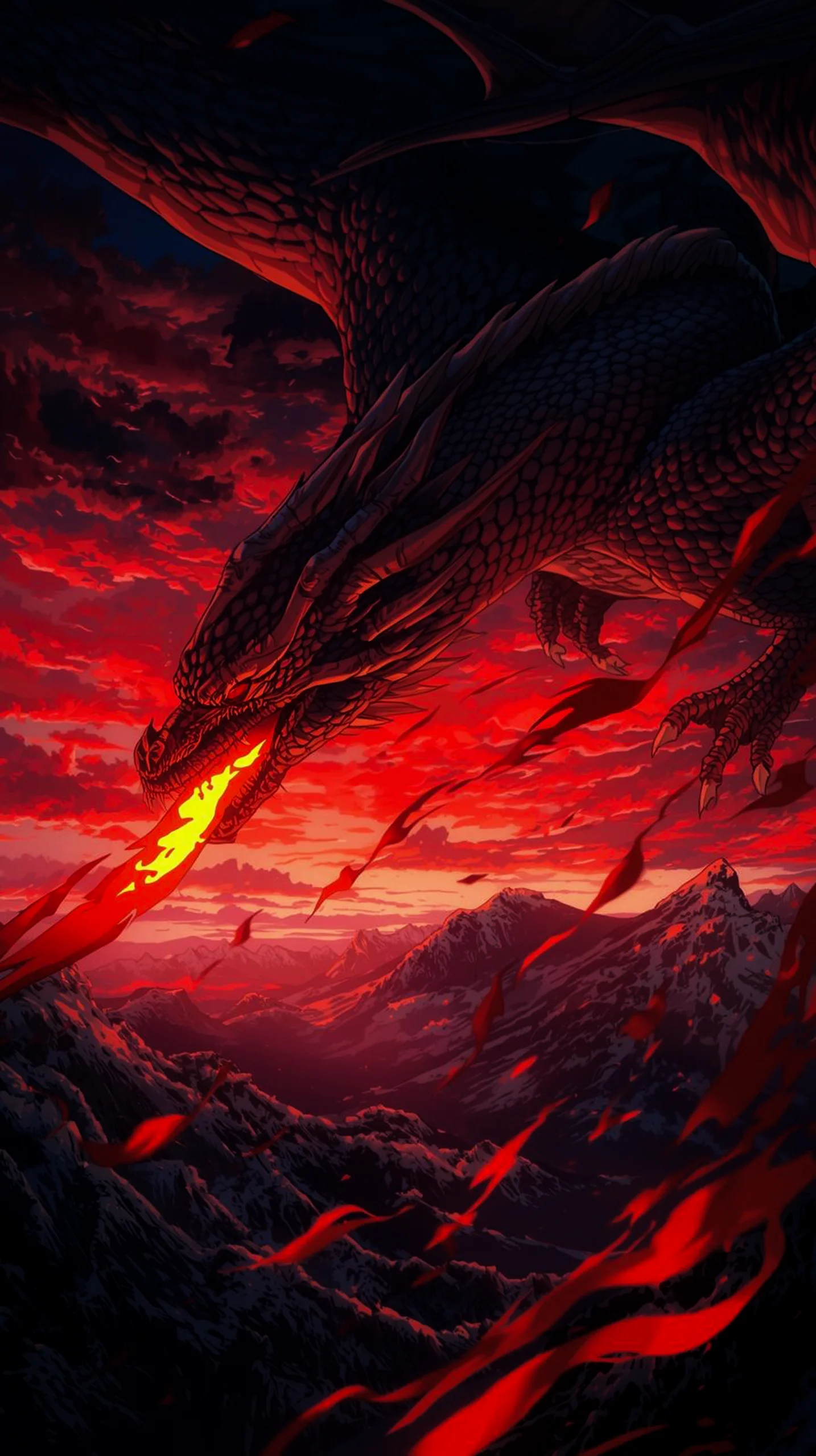 fiery dragon breathing fire over dark mountains wallpaper for phone 4K