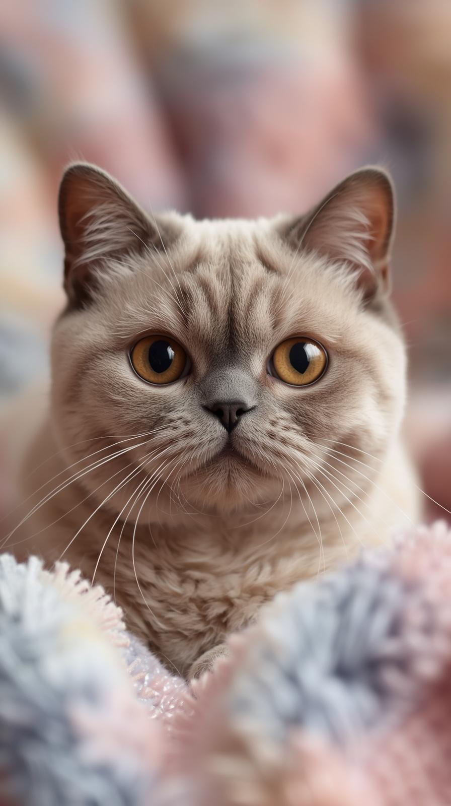 Adorable fluffy cat with big amber eyes looking directly at the camera.