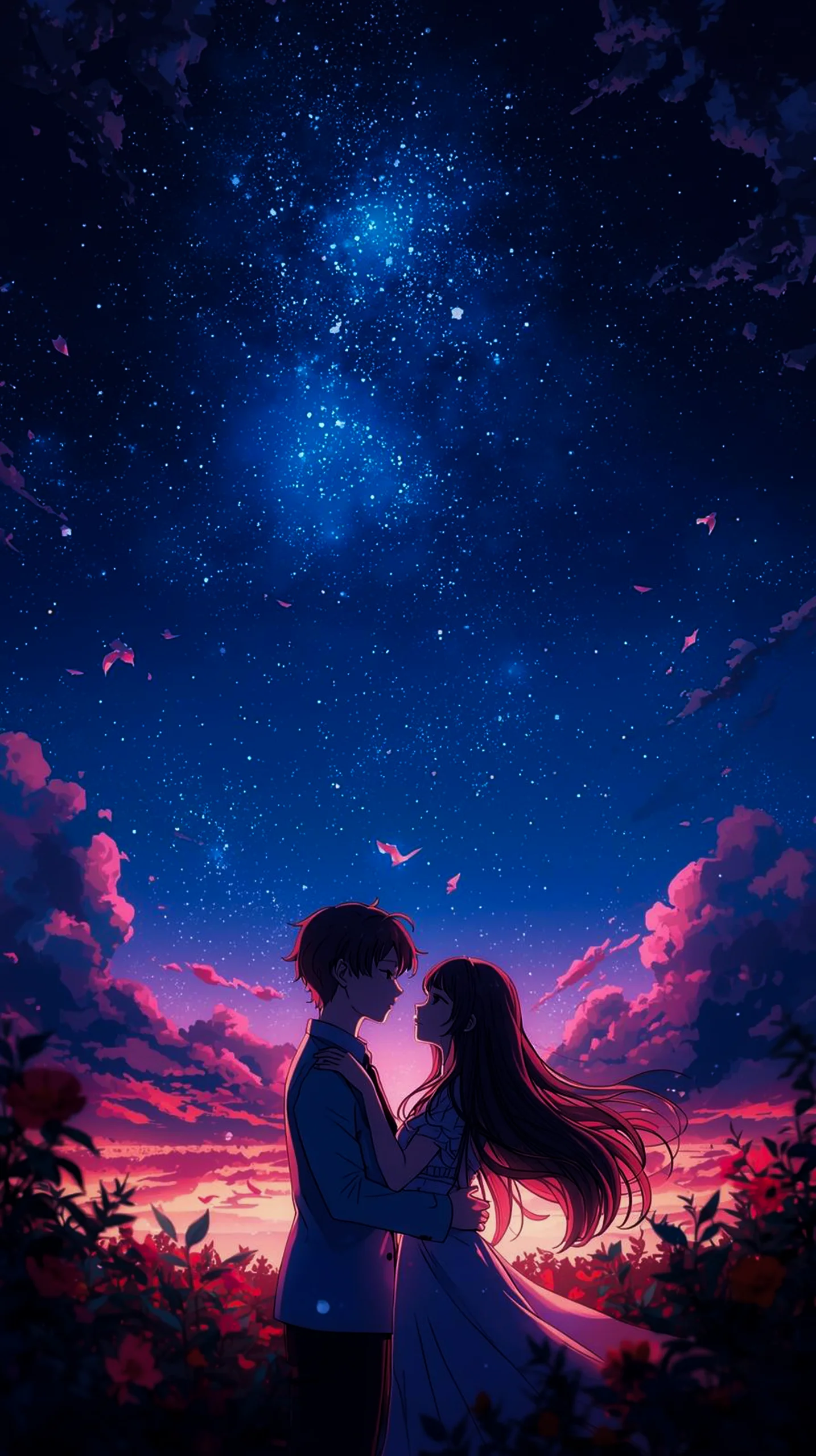 romantic anime couple under starry night sky phone wallpaper 4K