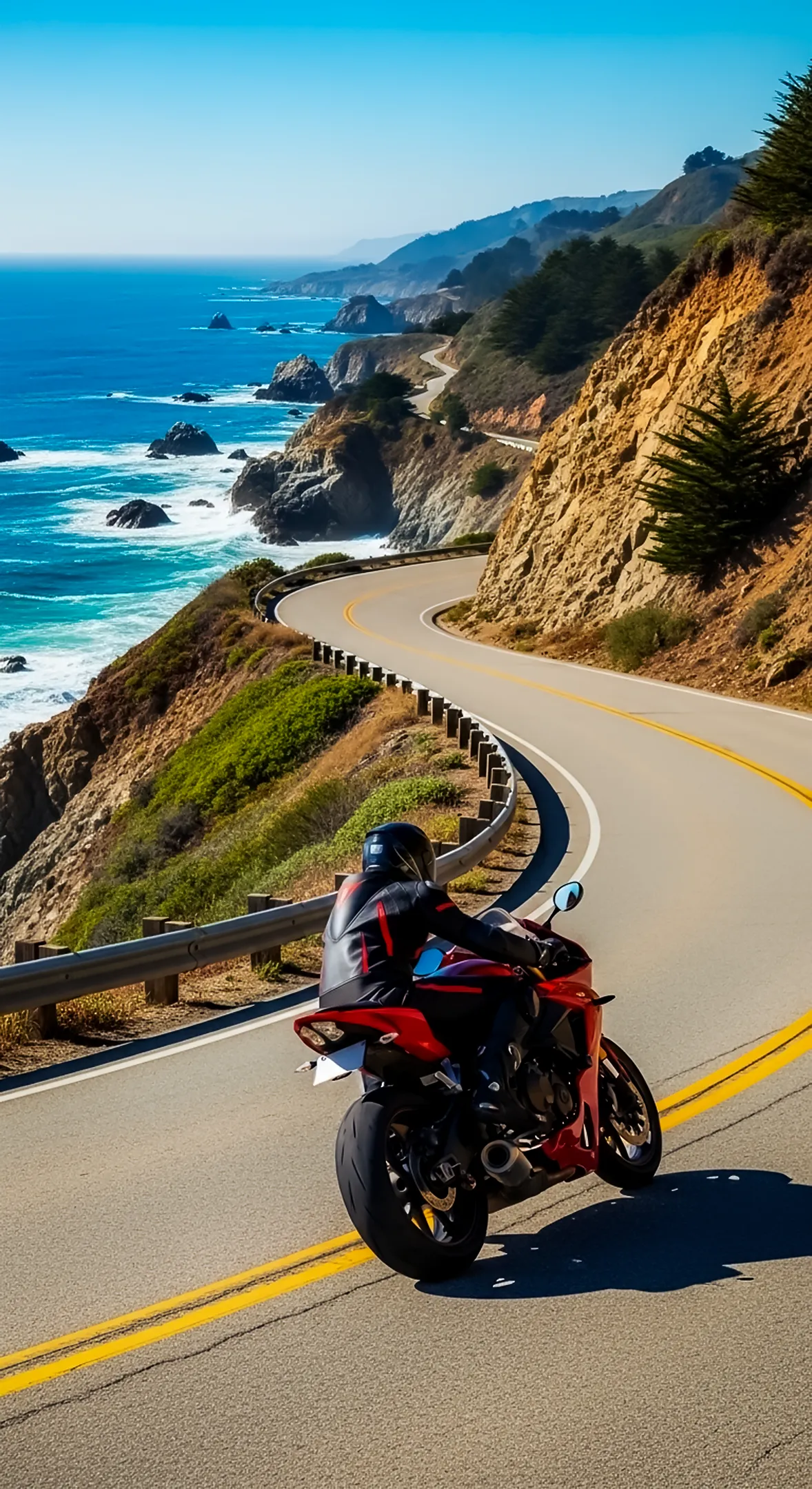 Motorcycle on a winding coastal road overlooking the ocean, a beautiful 4k wallpaper for iphone, great as phone