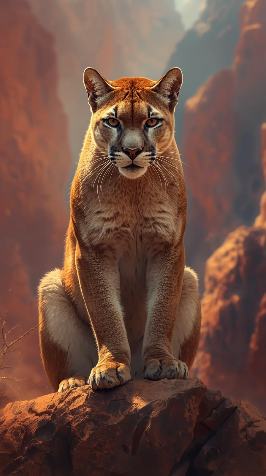 Majestic cougar sitting on a rock with canyon background at sunset.