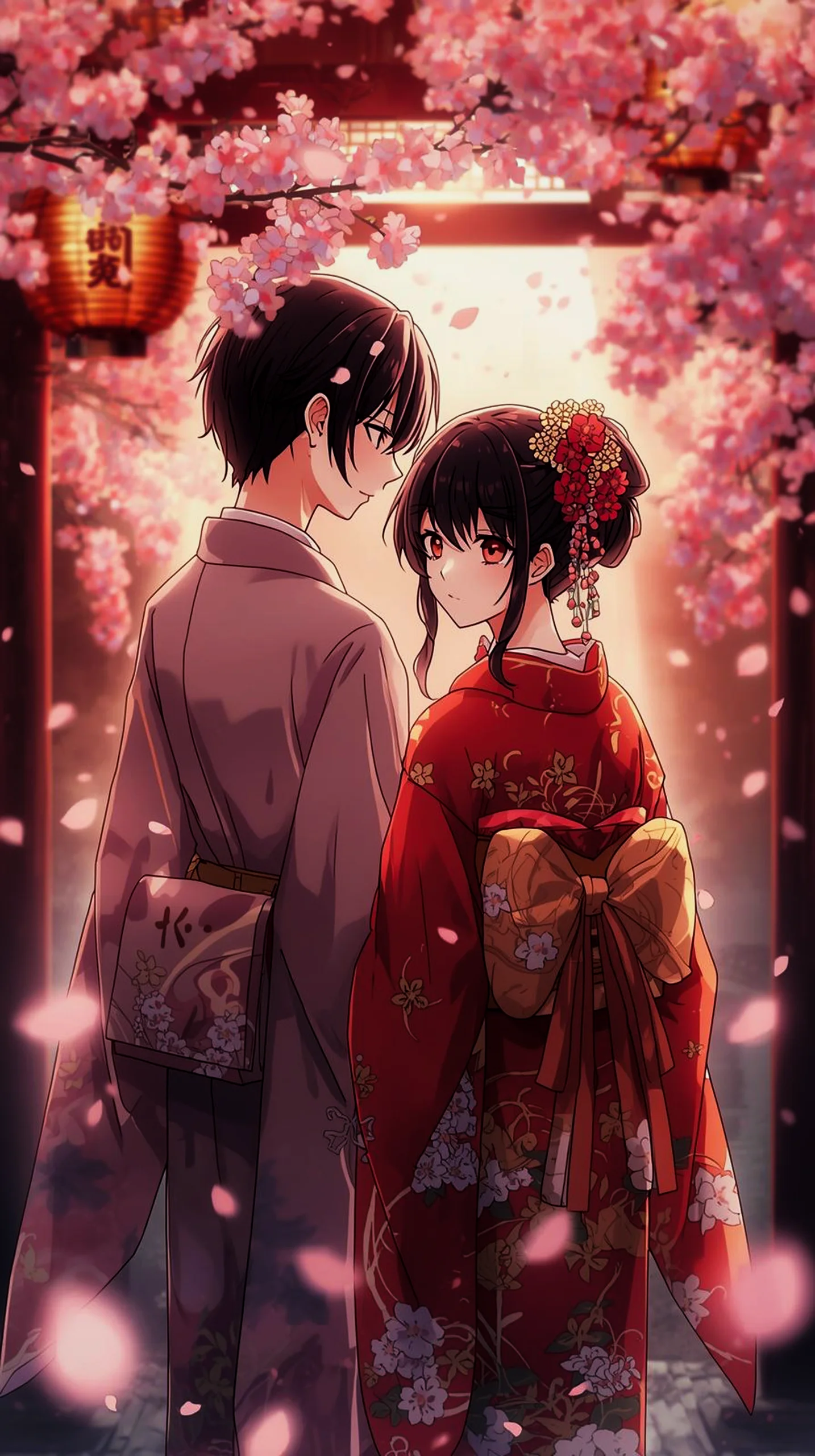 romantic anime couple in kimonos under sakura wallpaper for iPhone 4K