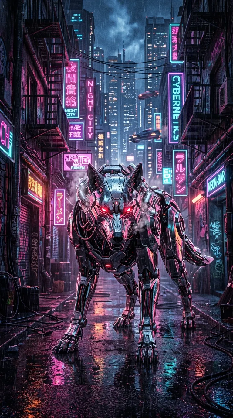 Cyber Wolf — Mecha Beast in Rainy Neon Alleyway