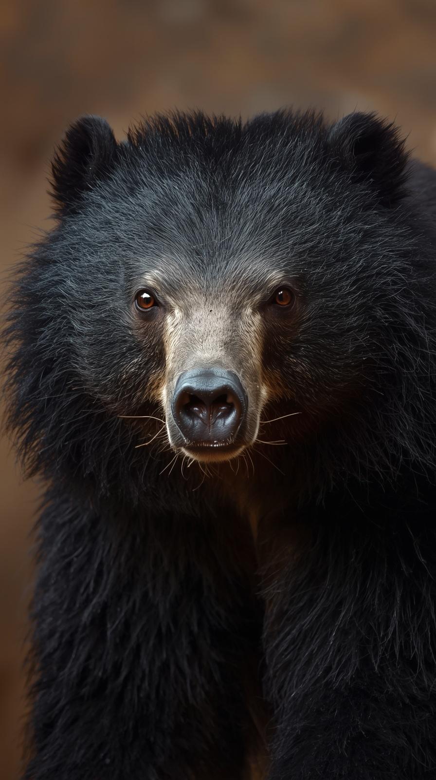 Close-up of a black bear's face with intense eyes and dark fur.