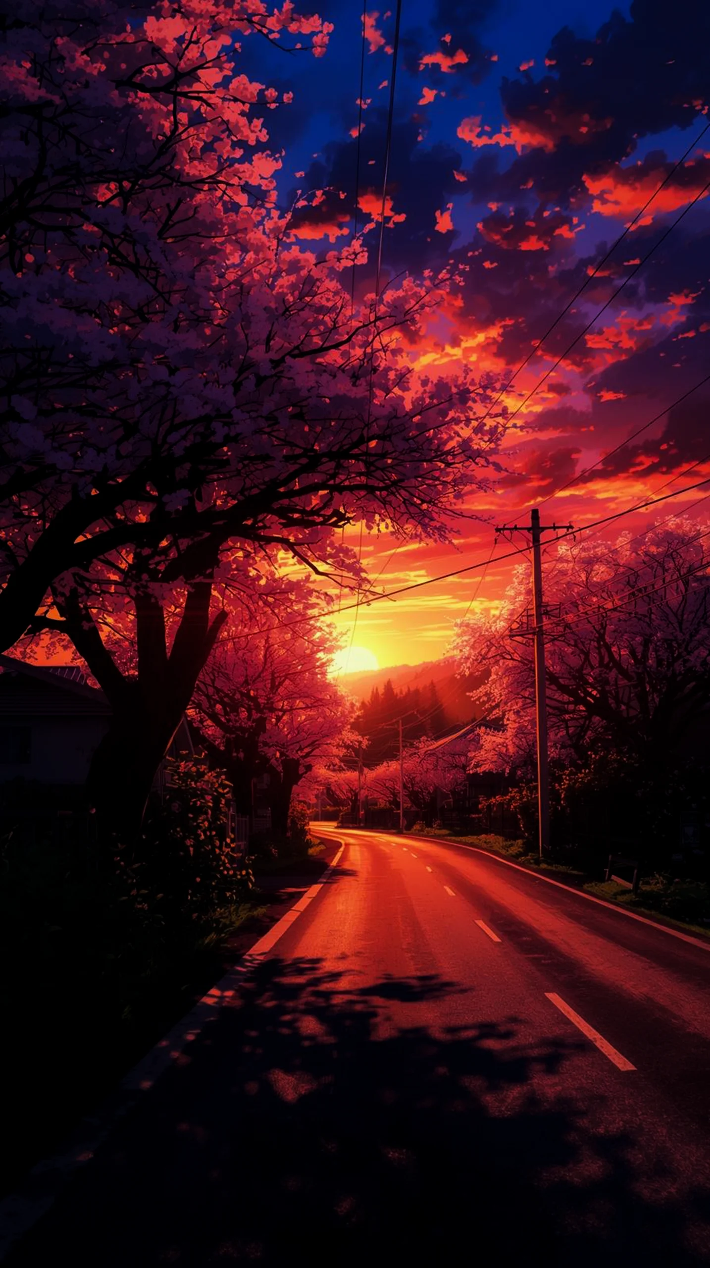 vibrant anime cherry blossom road sunset wallpaper for iPhone Android 4K