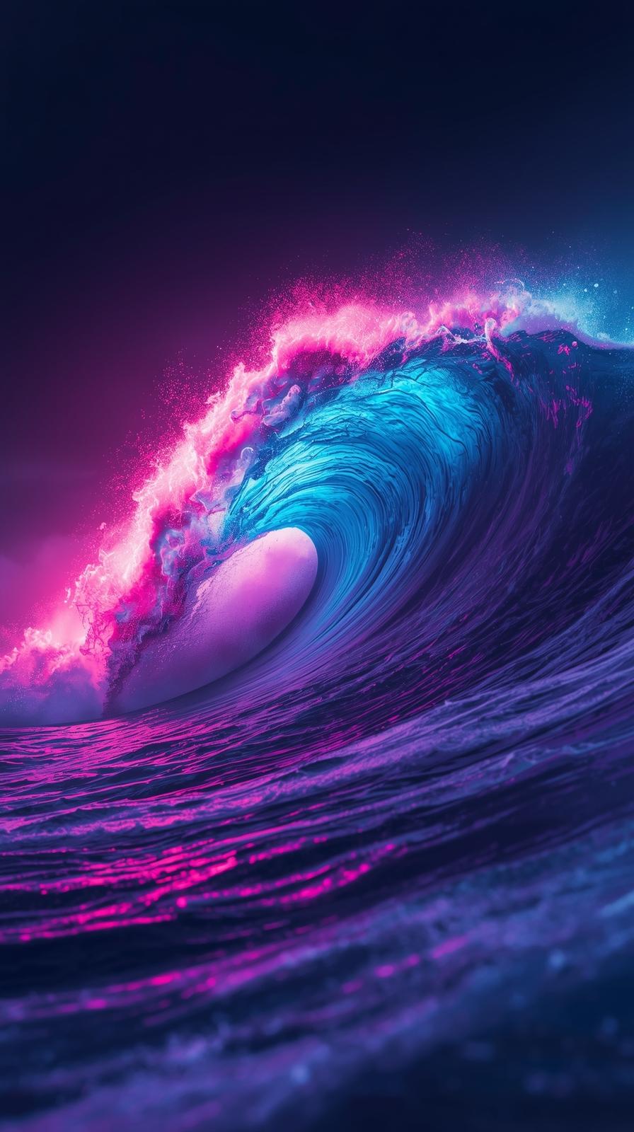 4k wallpaper for mobile Electric Pink Purple Surf Wave Neon Glow Curling Tube Deep Blue Ocean Sparkling Foam Cyber Aesthetic Night Scene